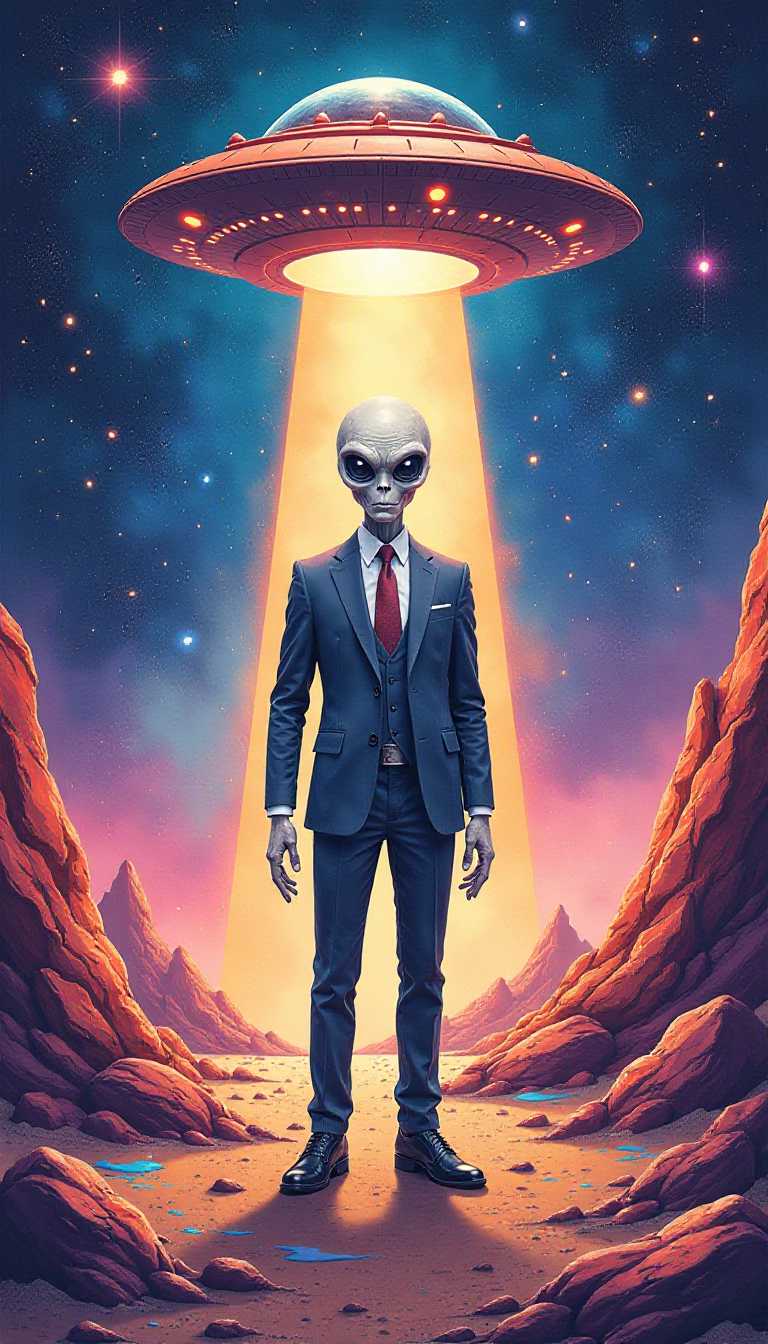 A watercolor-style wide long shot of a grey alien wearing a formal suit, standing amidst a vibrant and colorful cosmic setting. The alien is in front of a UFO that emits a radiant beam of light. The background contains a myriad of stars and cosmic elements. The ground beneath the alien is adorned with splashes of vivid colors and contains some rocky formations. The entire scene has a dreamy ambiance.