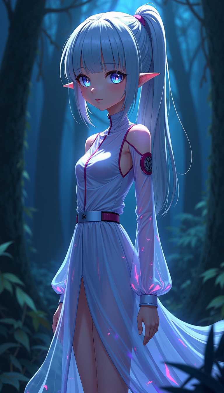 anime style, 1girl, blunt bangs, high ponytail, silver hair, pointy ears, in the depths of a bioluminescent alien jungle, [evangelion:cyberpunk edgerunners:0.5], reflective transparent iridescent opaque clothing, long sleeves, flowing dress, long skirt, very aesthetic, highres, 4k, 8k, intricate detail, cinematic lighting, amazing quality, amazing shading, detailed Illustration, official artwork, wallpaper, official art, extremely detailed eyes and face, beautiful detailed eyes, from below, full body, thigh gap, 
