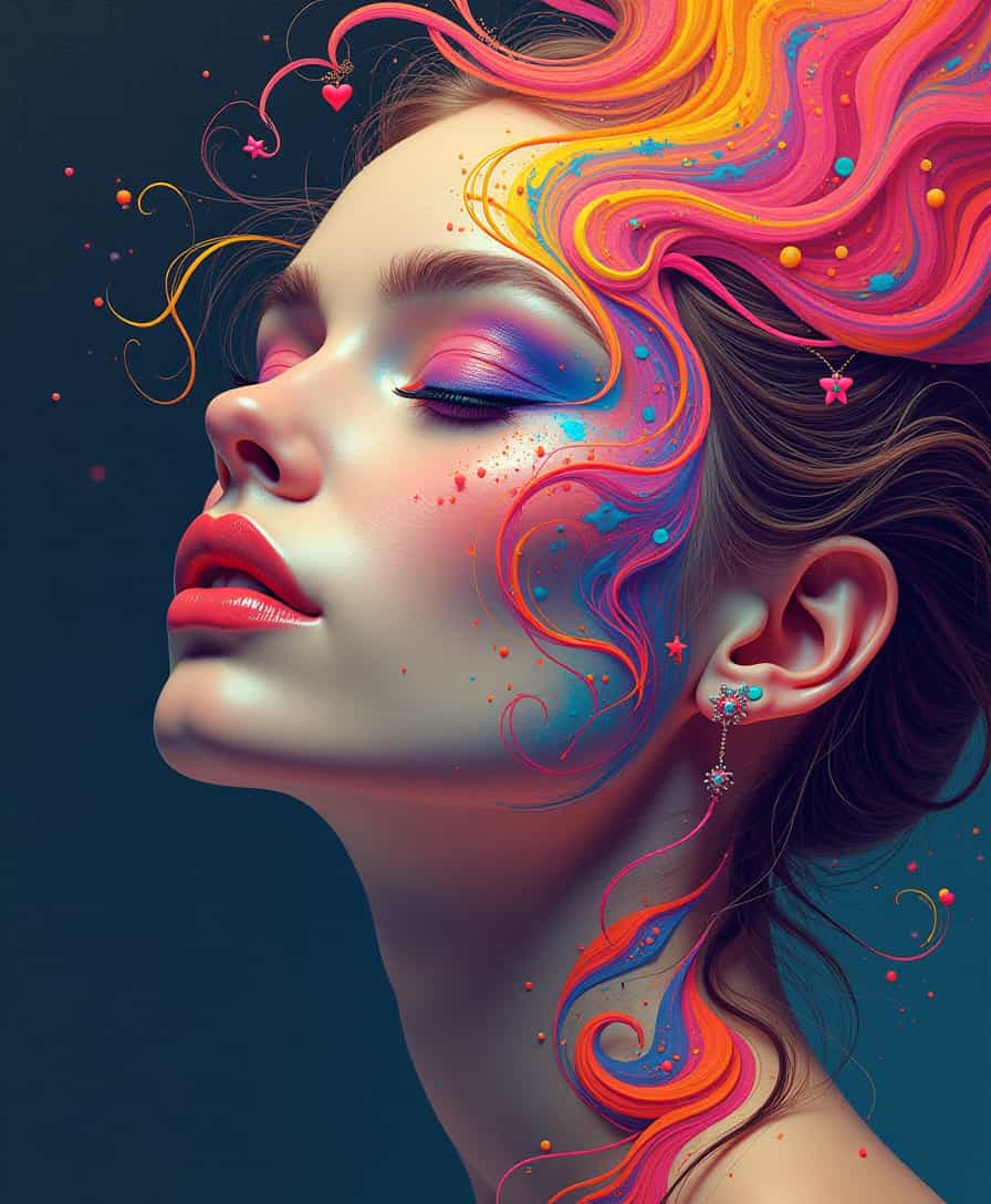 Highly Detailed surrealistic conceptual painting of a sexy woman dream visions, rendered in visionary art and psychedelic, the artwork is a perfectly blend of 3d render fractals with abstract super flat forms, dynamic range colors, The wide-angle shot create a visually captivating Masterpiece. Sharp edges, precise shapes, saturated colors, dynamic outlines.