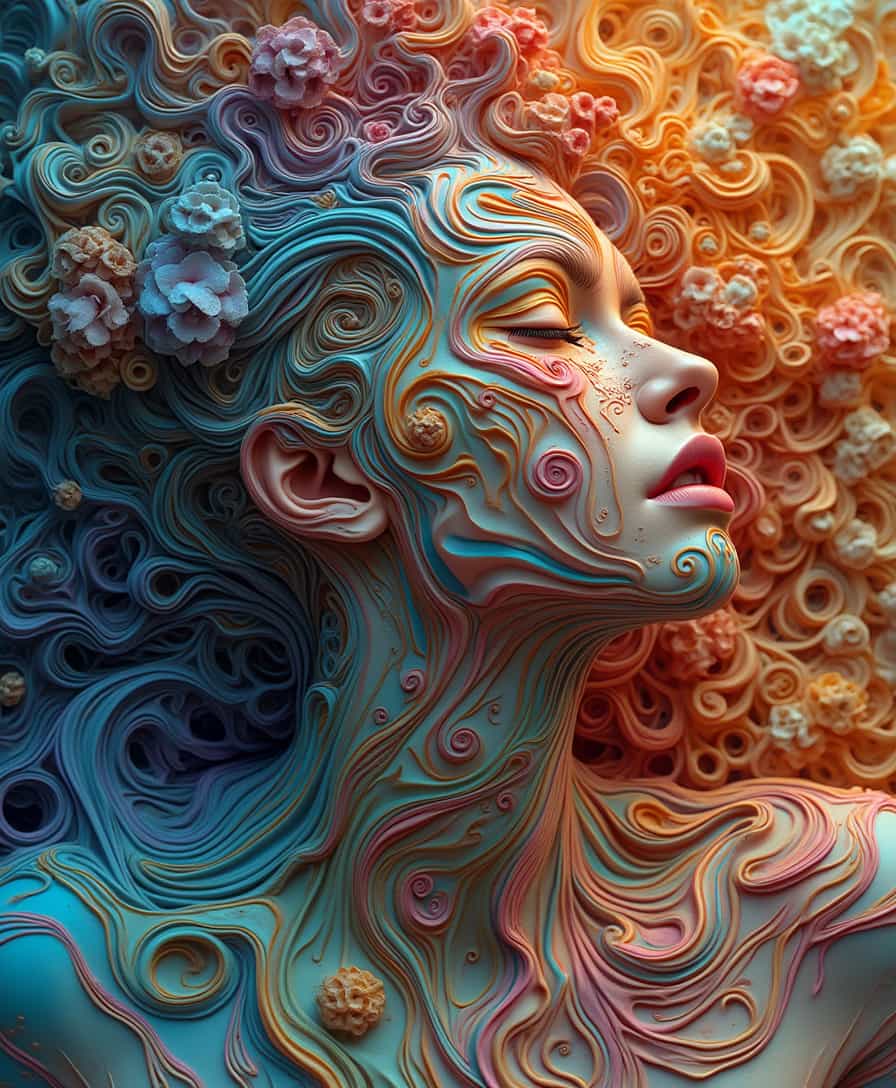 Highly Detailed surrealistic conceptual painting of a sexy woman dream visions, rendered in visionary art and psychedelic, the artwork is a perfectly blend of 3d render fractals with abstract super flat forms, dynamic range colors, The wide-angle shot create a visually captivating Masterpiece. Sharp edges, precise shapes, saturated colors, dynamic outlines.