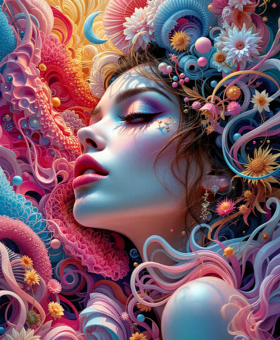 Highly Detailed surrealistic conceptual painting of a sexy woman dream visions, rendered in visionary art and psychedelic, the artwork is a perfectly blend of 3d render fractals with abstract super flat forms, dynamic range colors, The wide-angle shot create a visually captivating Masterpiece. Sharp edges, precise shapes, saturated colors, dynamic outlines.