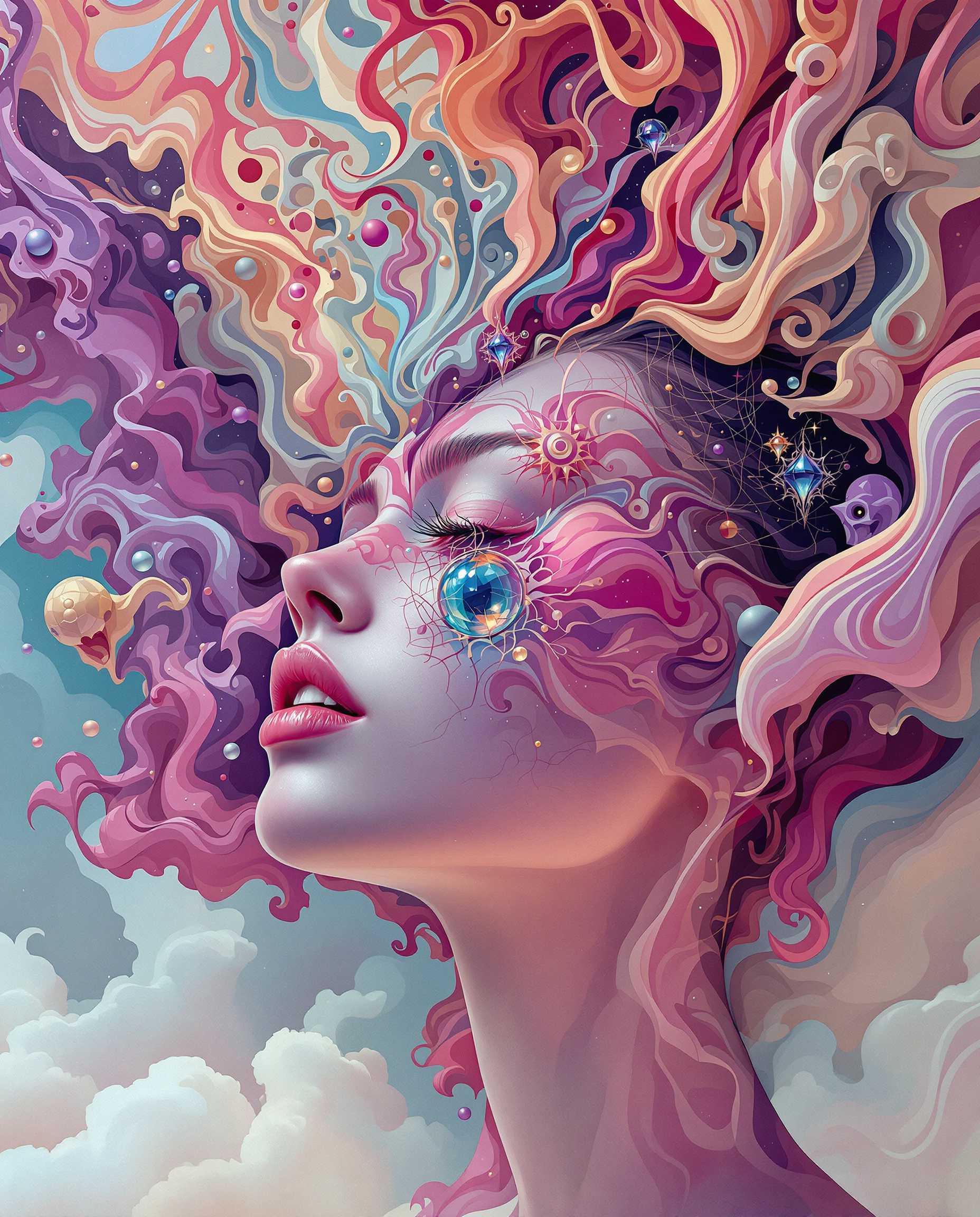 Highly Detailed surrealistic conceptual painting of a sexy woman dream visions, rendered in visionary art and psychedelic, the artwork is a perfectly blend of 3d render fractals with abstract super flat forms, dynamic range colors, The wide-angle shot create a visually captivating Masterpiece. Sharp edges, precise shapes, saturated colors, dynamic outlines.