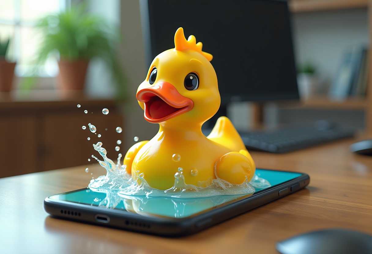 A cartoon duck like (Howard the Duck: 1.1) bathes in a smartphone filled with water. 3D Art: A smartphone is placed on a PC table. Detailed photography in various media and concept art in 8K.