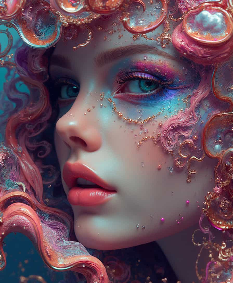 Highly Detailed surrealistic conceptual painting of a sexy woman dream visions, rendered in visionary art and psychedelic, the artwork is a perfectly blend of 3d render fractals with abstract super flat forms, dynamic range colors, The wide-angle shot create a visually captivating Masterpiece. Sharp edges, precise shapes, saturated colors, dynamic outlines.