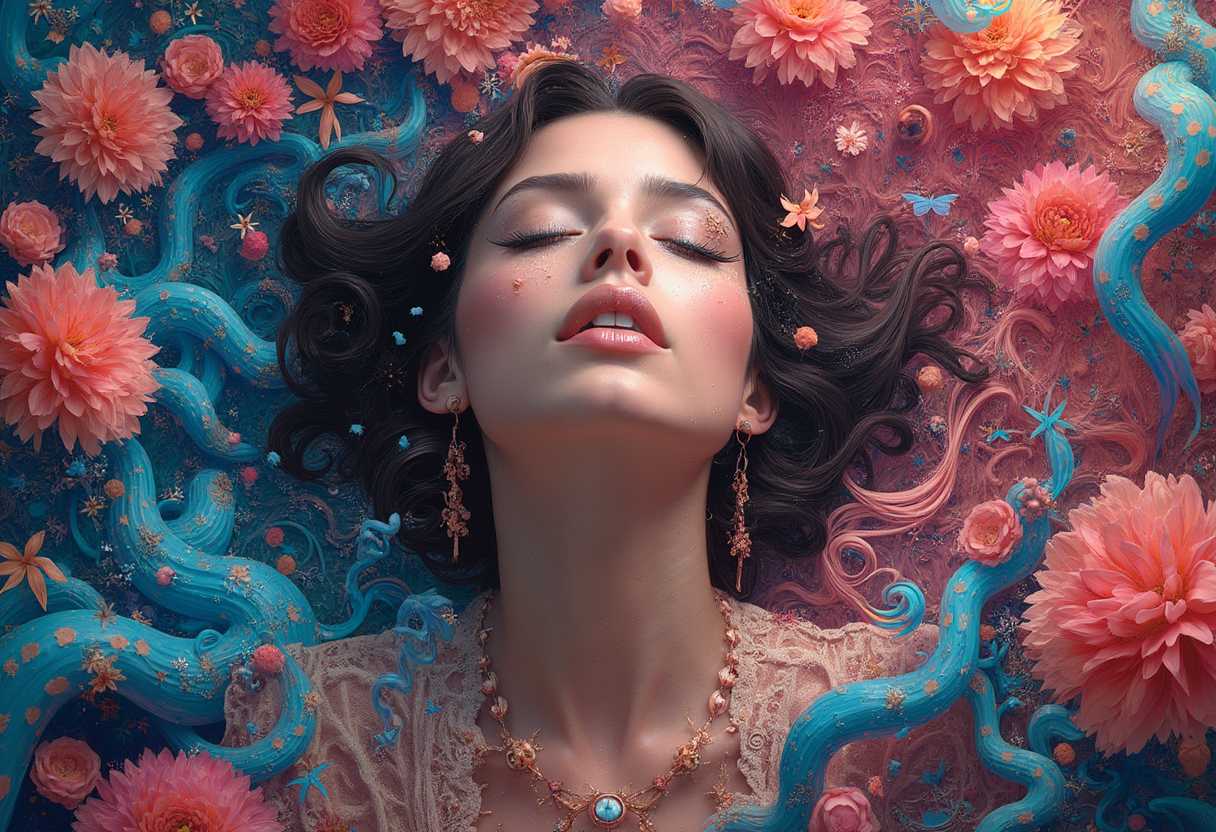 Highly Detailed surrealistic conceptual painting of a sexy woman dream visions, rendered in visionary art and psychedelic, the artwork is a perfectly blend of 3d render fractals with abstract super flat forms, dynamic range colors, The wide-angle shot create a visually captivating Masterpiece. Sharp edges, precise shapes, saturated colors, dynamic outlines.