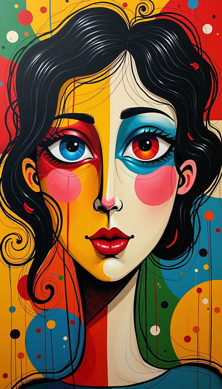 an abstract art piece that appears to be a portrait of a woman's face. The face is made up of various colors and shapes, including red, yellow, green, blue, and black. The woman's eye is large and blue, with a red iris in the center. Her hair is styled in a messy, abstract manner, with swirls and curves. The background is filled with various shapes and patterns, including circles, squares, and rectangles. The overall style of the image is chaotic and chaotic, with bright colors and bold lines.