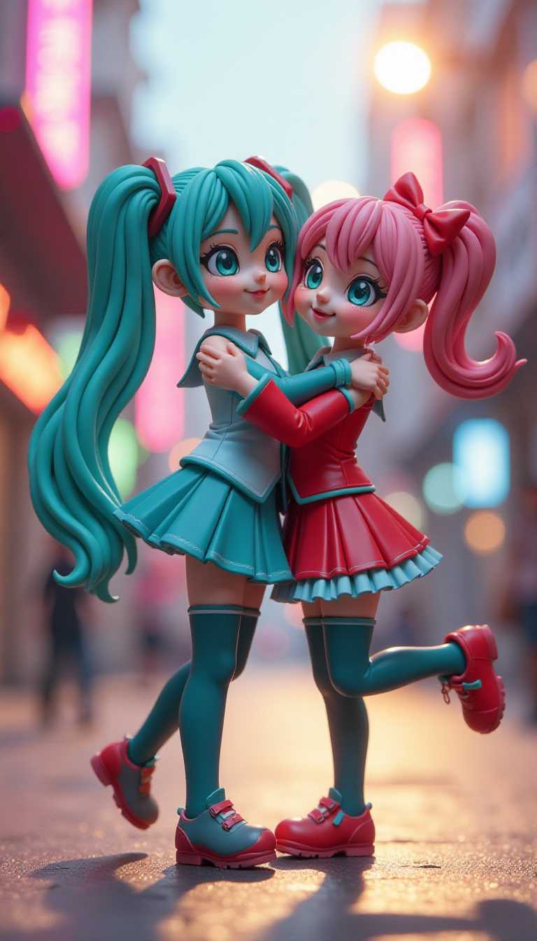 ```
A high-resolution claymation scene featuring two beloved Vocaloid characters, **Hatsune Miku** and **Kasane Teto**, captured in the year 2024 with the latest in stop-motion technology. 

**Visual Details:**
- **Characters**: Hatsune Miku with her iconic twin teal pigtails, dressed in her futuristic teal outfit with a skirt that flows dynamically, and Kasane Teto in her red and white attire, her hair styled in a side ponytail with a large ribbon. 
- **Textures**: The clay models exhibit smooth, yet detailed surfaces with visible fingerprints to add authenticity, emphasizing the handmade quality of stop-motion animation.
- **Colors**: Vibrant, with a focus on teal, red, and white, accented by soft shadows and highlights to give depth and life to the characters.

**Style:**
- **Artistic Approach**: The scene is rendered in the style of Aardman Animations, known for their meticulous attention to detail and expressive character animations, but with a touch of the futuristic and digital aesthetic synonymous with Vocaloid culture.

**Composition:**
- **Layout**: The two girls are positioned in a dynamic, yet intimate pose. Miku is hugging Teto from behind, one leg raised in a playful stance, while Teto looks back with a mischievous smile, both filling the frame with their exaggerated, expressive clay faces.
- **Camera Angle**: A low-angle shot to emphasize the characters' height and grandeur, with the camera slightly tilted for a dynamic, energetic feel.

**Mood and Atmosphere:**
- **Ambiance**: The scene exudes a sense of playful camaraderie, set in a brightly lit, almost stage-like environment, with a backdrop that mimics the digital, neon-lit world of Vocaloid performances.
- **Time of Day**: The lighting suggests late afternoon, with the warm glow of the setting sun casting long shadows, enhancing the depth and texture of the clay figures.

**Technical Aspects:**
- **Photography Terms**: Utilize depth of field to blur the background slightly, focusing sharply on the characters. Employ a shallow depth of field to isolate the subjects from their environment, ensuring the viewer's attention is on Miku and Teto.
- **Resolution**: High-resolution capture, ensuring every detail of the clay models is visible, from the fine hair strands to the smallest facial expressions, achieving an 'absurdres' level of detail.

**Cohesion:**
- The entire composition should feel like a moment frozen in time, a snapshot of a live performance where the energy and spirit