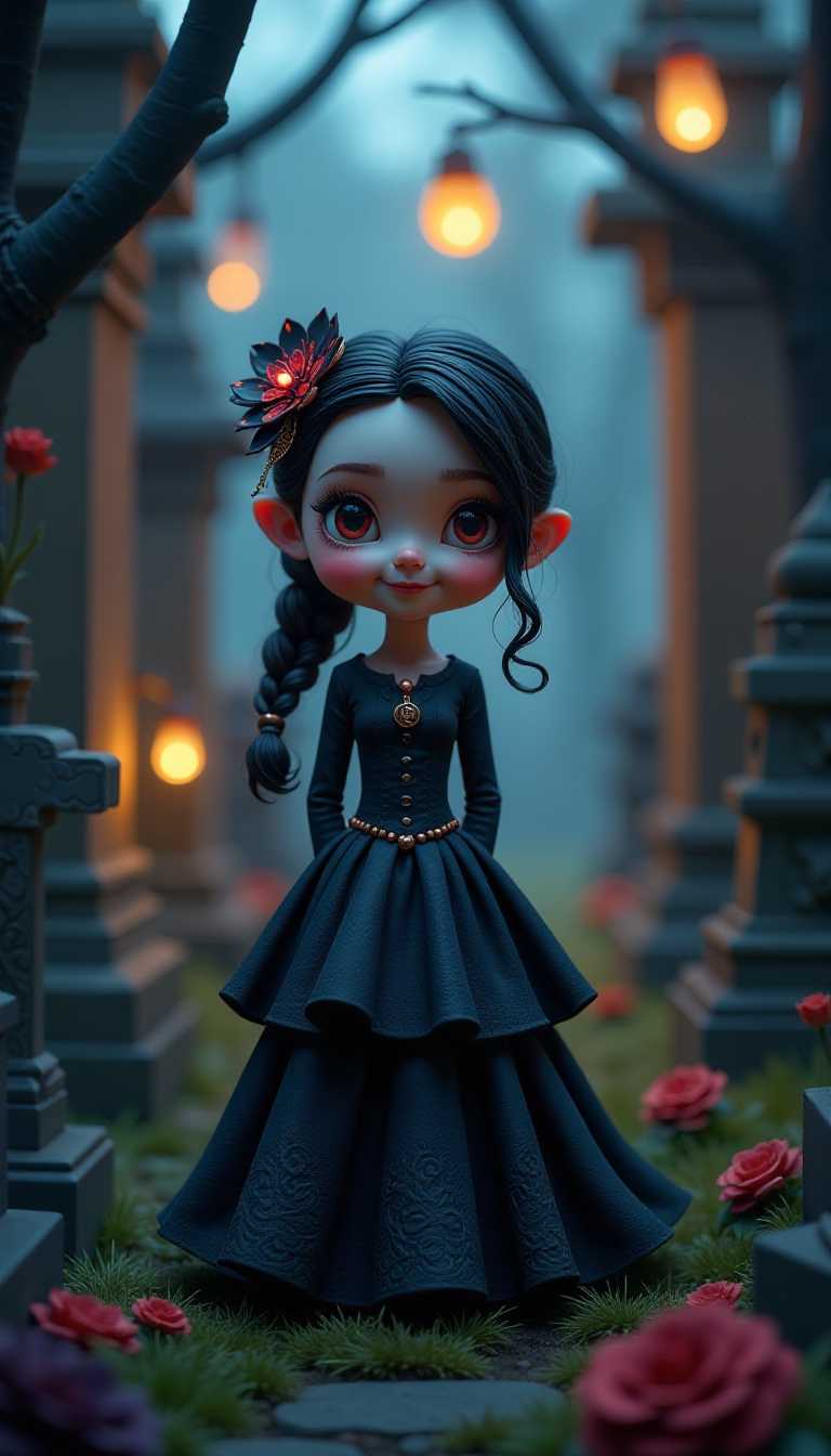 **Prompt:**

Create a **claymation masterpiece** depicting an **ultra-detailed graveyard scene** at twilight:

- **Visual Details:**
  - The graveyard should be **colorful** with gravestones of varying sizes, adorned with flowers, moss, and intricate carvings.
  - The **1girl** should stand out with a **black gown** that has a **subtle iridescence**, catching the last rays of the setting sun.
  - Her **hair ornament** should be a **delicate, ornate piece** that seems almost alive, shimmering with a faint glow.
  - Her **smirk** should be **mischievous yet inviting**, eyes **beautifully detailed** with a **hint of otherworldly power**.
  - **Necromancy elements** like small ghostly figures or spectral lights should hover around, adding to the eerie yet enchanting atmosphere.
  - **Bokeh** should be evident in the background, created by the soft focus of **fireflies or floating lanterns**.
  - The scene should have **depth of field**, with the girl in sharp focus and the background slightly blurred, enhancing the sense of depth.

- **Style:**
  - The claymation should mimic the **hyper-detailed, realistic** textures of stop-motion clay figures, evoking a sense of **Aardman Studios** or **Tim Burton's** early work, with a touch of **Gothic Revival** aesthetic in the design of the graveyard.

- **Composition:**
  - The girl should be **centered**, with the graveyard elements creating a **circular composition** around her, drawing the eye inward.
  - Use a **low-angle shot** to emphasize her dominance over the scene, with the camera slightly tilted to give an **unsettling, dynamic feel**.
  - Frame the scene with **arching tree branches** or **old, ornate gates** to create a natural frame within the frame.

- **Mood and Atmosphere:**
  - The **mood** should be **mysterious and enchanting**, with the **atmosphere** thick with the **mystique of necromancy**.
  - Lighting should be **moody**, with **soft, golden hues** from the sunset blending into the **cool blues and purples** of twilight, casting long, eerie shadows.

- **Technical Aspects:**
  - Employ **stop-motion** techniques with **high frame rates** to ensure smooth motion and fluidity in the animation.
  - Use **selective focus** to emphasize key elements like the girl's