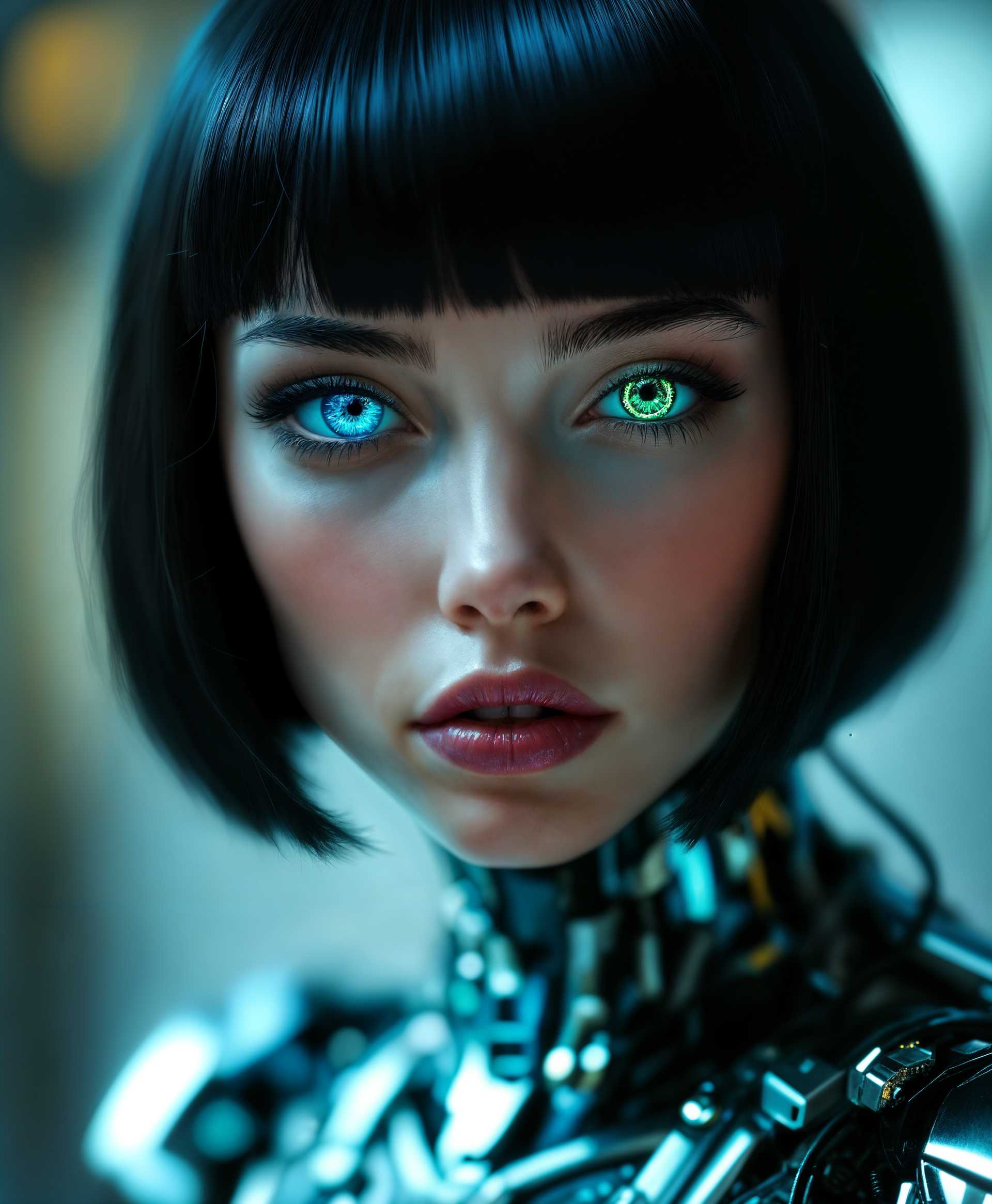 masterpiece, best quality, highres, sharp image, more detail, masterpiece, best quality, highres, sharp image, more detail, **Subject**: A half-robot, half-human beautiful girl, showcasing a seamless blend of organic and mechanical elements. 

**Visual Details**: 
- **Hair**: Bob cut, sleek and shiny, with subtle metallic highlights that catch the light. 
- **Eyes**: One eye is a deep, vivid blue, the other a glowing, mechanical green, reflecting her dual nature.
- **Skin**: Smooth, with visible mechanical parts subtly integrated; areas of skin transition into polished metal surfaces with intricate circuitry patterns.
- **Body**: Her left side is predominantly human with soft, natural curves, while her right side shows more robotic enhancements, like a sleek, articulated arm and leg with visible gears and wires.

**Style**: Cyberpunk with elements of neo-noir. The image should evoke a futuristic, dystopian yet stylish aesthetic, reminiscent of artists like Hajime Sorayama.

**Composition**: 
- **Framing**: Medium close-up, focusing on her face and upper body, with her human and robotic sides equally visible.
- **Camera Angle**: Slightly low angle to emphasize her height and presence, giving her a sense of power and allure.

**Mood and Atmosphere**: 
- **Setting**: Neon-lit cityscape at night, with reflections in her eyes suggesting a rain-soaked street behind her.
- **Lighting**: Neon lights casting colored glows on her face, highlighting the contrast between organic and synthetic elements. The background should be slightly out of focus, emphasizing her as the focal point.

**Technical Aspects**: 
- **Depth of Field**: Shallow to blur the background, keeping focus on her.
- **Lens Flare**: Subtle neon light flares to add to the cyberpunk atmosphere.
- **Color Palette**: A mix of cool blues, electric greens, and warm neon pinks and purples to contrast her dual nature.

**Cohesion**: This image should seamlessly blend human warmth with cold, precise technology, creating an engaging, futuristic narrative through her appearance and the environment she inhabits.