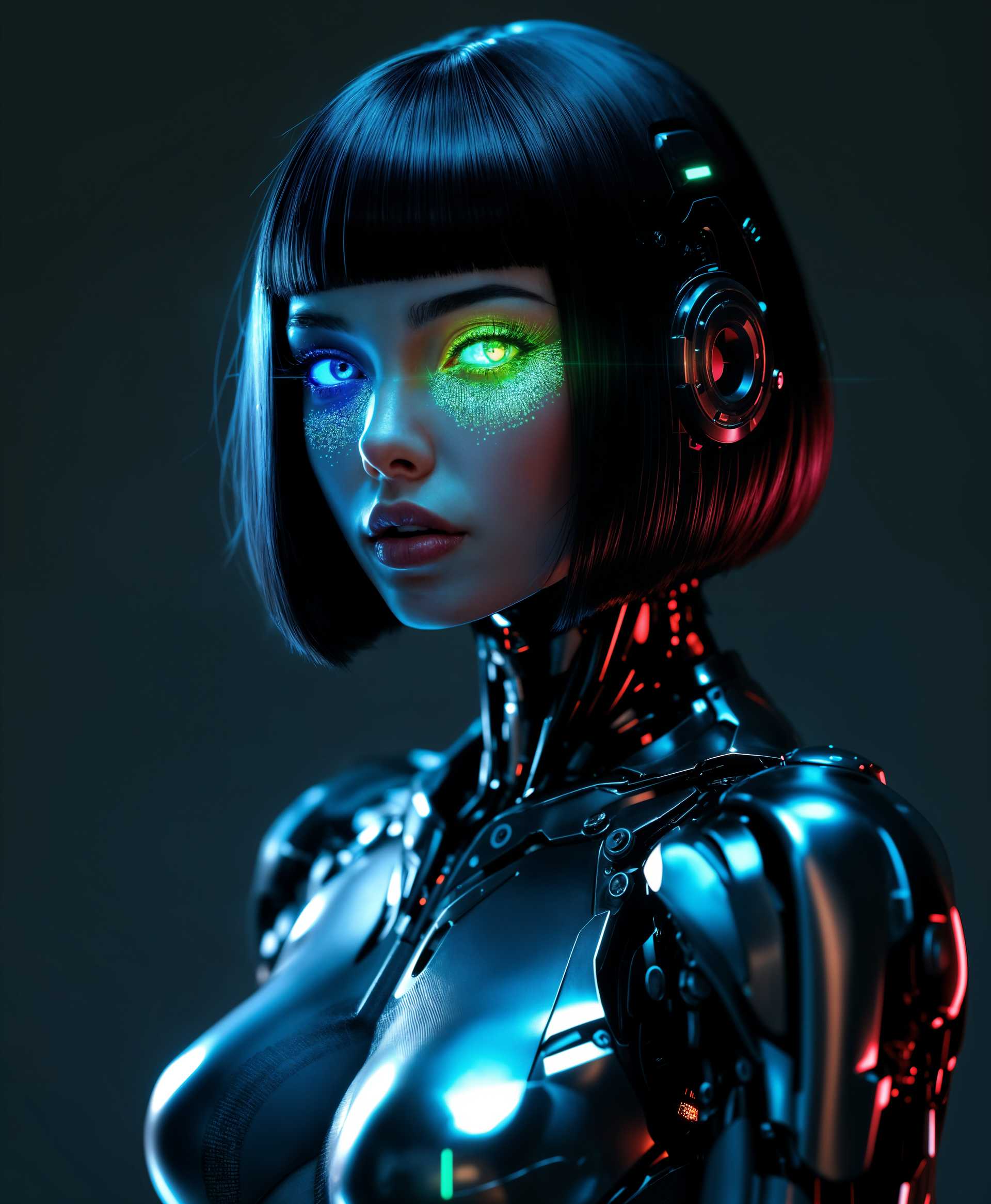 masterpiece, best quality, highres, sharp image, more detail, **Prompt for AI Image Generation:**

**Subject**: A full-body portrait of a half-robot, half-human beautiful girl, showcasing an artful fusion of organic and mechanical elements.

**Visual Details**: 
- **Hair**: Bob cut, sleek and shiny with metallic highlights that catch the neon light, cascading down to her neck and shoulders, merging into the metal of her robotic side.
- **Eyes**: One eye a deep, vivid blue, the other a glowing mechanical green, with neon light reflections dancing within, highlighting her dual nature.
- **Skin**: Smooth with subtle transitions to polished metal surfaces, featuring intricate circuitry patterns that extend from her face down her body, blending seamlessly.
- **Body**: Her left side predominantly human with soft curves, while her right side displays advanced robotic enhancements, including a sleek, articulated arm and leg with visible gears and wires. Her pose is dynamic, with one leg slightly forward, creating tension between her organic and mechanical halves.

**Style**: 
- **Artistic Influence**: Inspired by the works of Hajime Sorayama, with a cyberpunk, neo-noir aesthetic. The image should have high contrast, stylized forms, and a sculptural quality to her appearance.

**Composition**: 
- **Framing**: Full-body shot capturing her from head to toe, ensuring equal visibility of her human and robotic sides. Her pose should emphasize the contrast between her natural and synthetic elements.
- **Camera Angle**: A slightly low angle to enhance her height, presence, and allure, making her appear both powerful and enigmatic.

**Mood and Atmosphere**: 
- **Setting**: A neon-lit cityscape at night, with rain-soaked streets reflected in her eyes, extending into the background for depth.
- **Lighting**: Neon lights cast colored glows on her face and body, creating stark contrasts between her organic and synthetic features. The background should be slightly blurred to focus on her.

**Technical Aspects**: 
- **Depth of Field**: Shallow to blur the background, keeping the focus on her, with some foreground elements slightly out of focus to add depth to the scene.
- **Lens Flare**: Subtle neon light flares around her metallic parts to enhance the cyberpunk atmosphere.
- **Color Palette**: Cool blues, electric greens, and warm neon pinks and purples, with gradients and highlights that illuminate her form, creating a visual narrative of her dual nature.

**Cohesion**: The image should seamlessly blend human warmth with the precision of technology, crafting an engaging, futuristic narrative through her appearance, pose