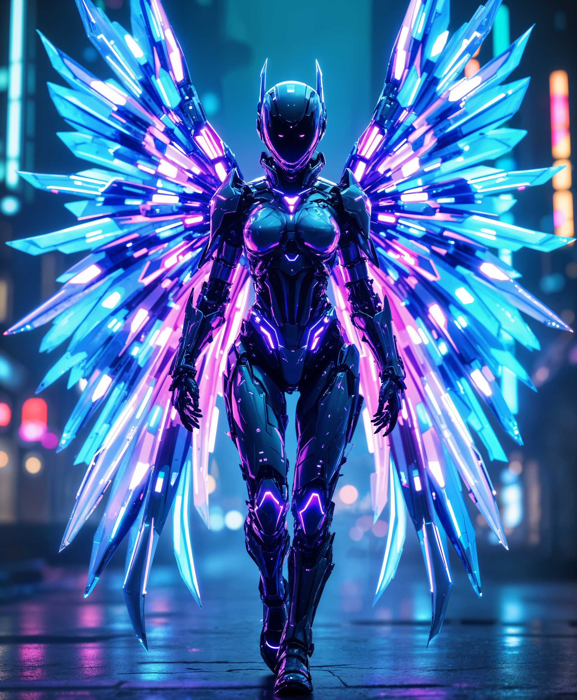 masterpiece, best quality, highres, sharp image, more detail, masterpiece, best quality, highres, sharp image, more detail, A full-body portrait of a **mecha girl with wings** in a **futuristic setting**. 

- **Visual Details**: Her armor is sleek, adorned with intricate, glowing circuits in vibrant neon colors like electric blue and magenta, reflecting a high-tech, advanced civilization. The wings are mechanical, composed of interlocking metal feathers that shimmer with iridescent hues, subtly pulsating with light.

- **Style**: Rendered in a **cyberpunk** aesthetic, combining elements of **digital art** with **hyper-realistic textures** for a blend of fantasy and reality.

- **Composition**: The mecha girl is the focal point, positioned in the center of the frame, standing tall with wings slightly spread, suggesting readiness or majesty. The camera angle is slightly low to emphasize her height and dominance in the scene.

- **Mood and Atmosphere**: The lighting is dramatic with neon lights casting long shadows, creating a **moody, futuristic atmosphere**. The background suggests a **nocturnal cityscape**, with towering skyscrapers and holographic billboards, enhancing the cyberpunk theme.

- **Technical Aspects**: Utilize **cinematic lighting** techniques, with key light from above to highlight her features and rim lighting to outline her silhouette against the darker backdrop. The image should employ **high dynamic range (HDR)** to capture the full spectrum of light and shadow.

- **Cohesion**: All elements, from the futuristic cityscape to the detailed mechanics of her armor and wings, work together to present a unified, immersive scene of a world where technology and beauty intertwine seamlessly.
