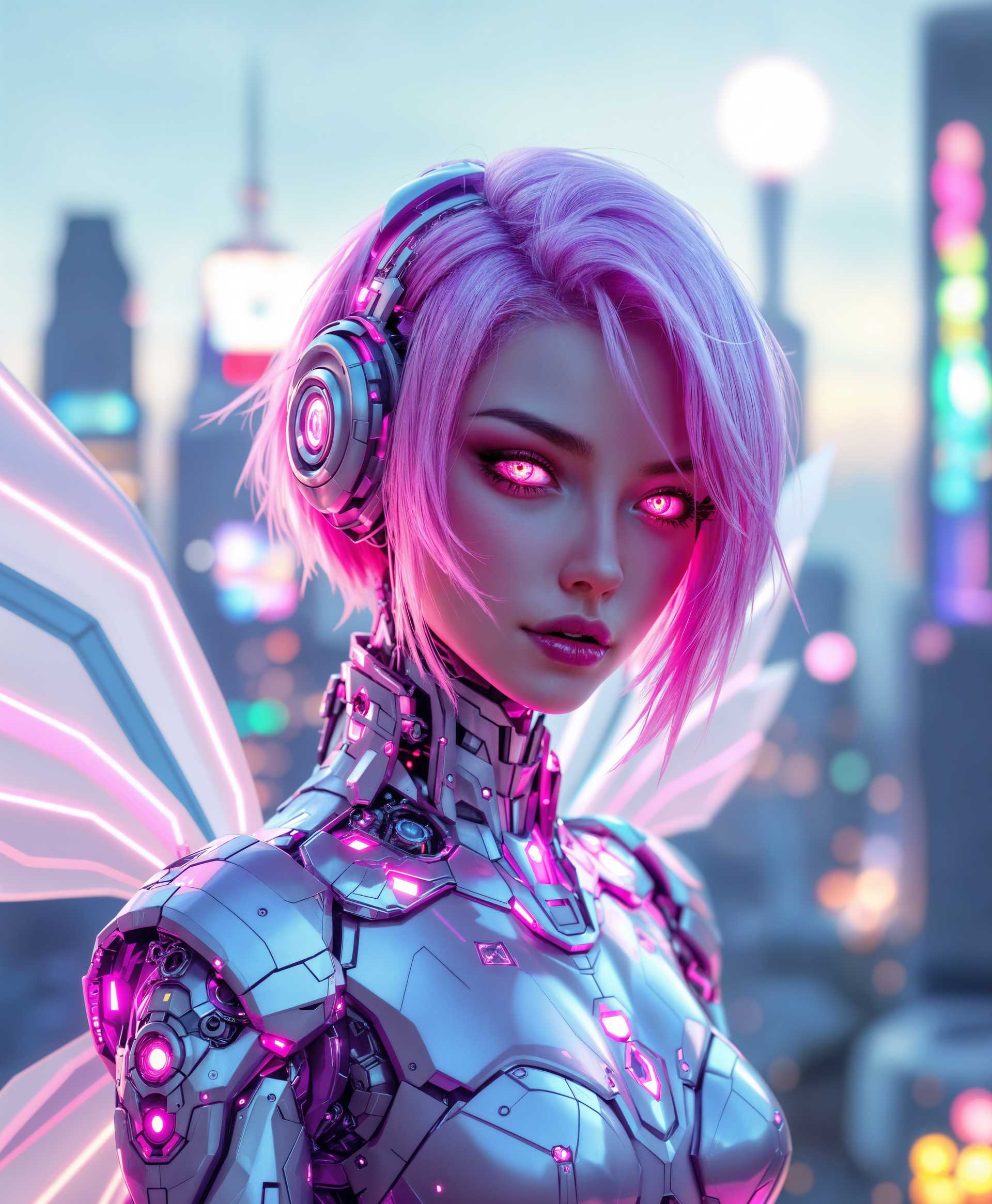 masterpiece, best quality, highres, sharp image, more detail, masterpiece, best quality, highres, sharp image, more detail, A highly detailed digital painting of a **mecha girl** with the following features:

- **Subject**: A **mecha girl** with short, **vibrant pink hair** styled in a futuristic, aerodynamic cut, her eyes glowing with a soft pink light.
  
- **Appearance**: Her **skin** has a metallic sheen, showcasing intricate **mechanical components** beneath a translucent, pink-tinted armor. She has delicate **wings** made of a blend of metal and bio-luminescent feathers, providing a contrast between the organic and the mechanical.

- **Outfit**: She wears a sleek, **form-fitting** bodysuit with **mechanical details** like visible gears and circuits, colored in shades of pink and silver, with **high-tech accents** that reflect light in a futuristic manner.

- **Setting**: The scene is set in a **neon-lit** futuristic cityscape at **dusk**, with the skyline reflecting on her metallic wings, creating a **cyberpunk** atmosphere.

- **Composition**: The mecha girl is **centered** in the frame, wings spread wide, creating a symmetrical composition that emphasizes her presence. The camera angle is **slightly below eye level**, enhancing her imposing stature.

- **Mood**: The mood is **ethereal yet powerful**, with the **soft glow** of her wings and the **neon lights** casting a serene yet dynamic ambiance.

- **Technical Aspects**: Use **soft focus** on the background to highlight the subject, **high dynamic range** to capture the intricate details of her mechanical parts, and **bokeh effects** from the city lights.

- **Lighting**: The scene is illuminated by a **mix of neon city lights** and the **subtle glow** from her wings, creating a **high contrast** between shadows and highlights.

- **Artistic Style**: Inspired by **cyberpunk anime** and **futuristic manga**, with a touch of **art nouveau** for the organic flow of her wings.