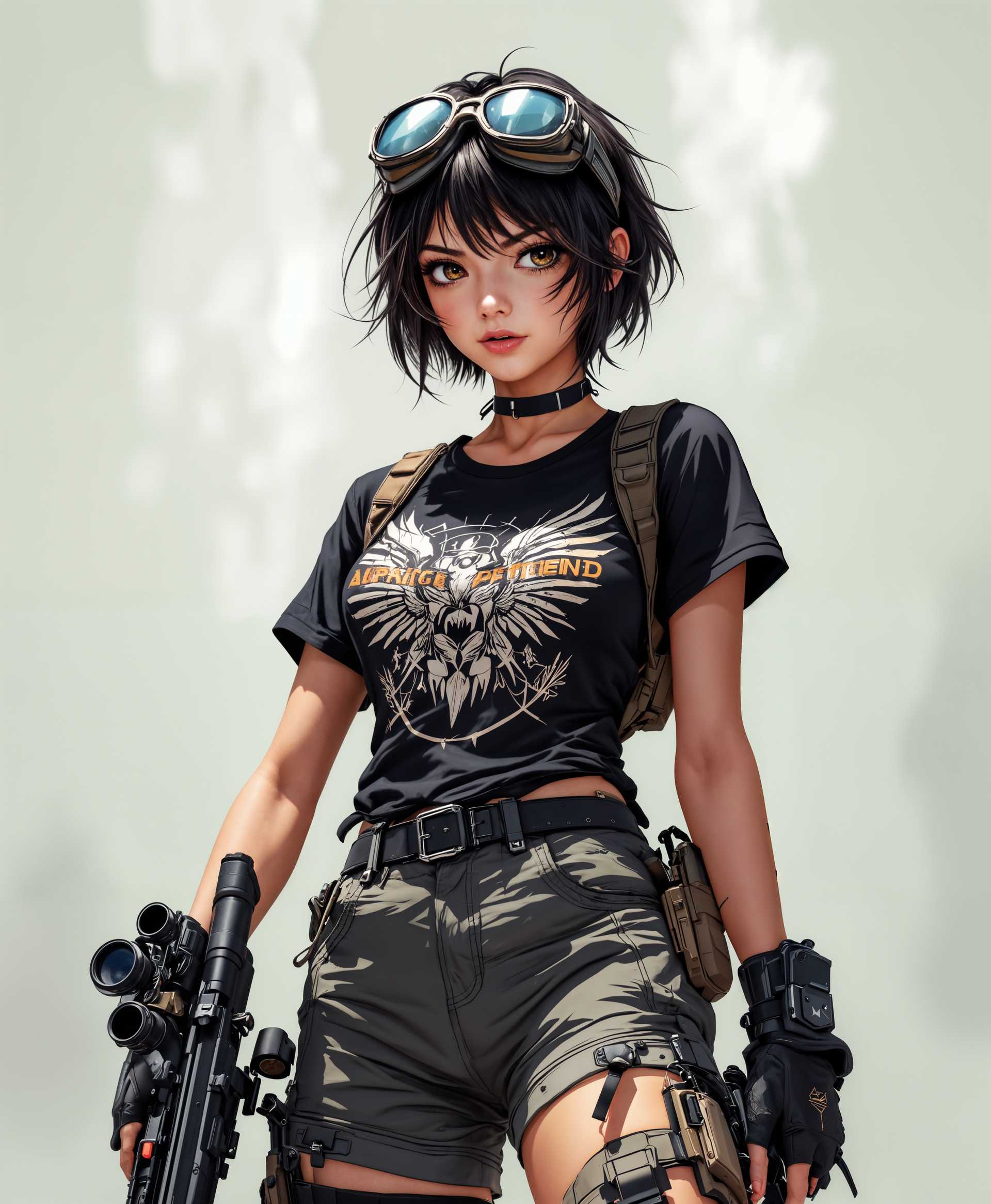 masterpiece, best quality, highres, sharp image, more detail, masterpiece, best quality, highres, sharp image, more detail, Create an image of a **sexy anime girl sniper**, dressed in **tactical shorts** and a **cool, fitted T-shirt** that hints at her marksmanship skills. Her **short, tousled hair** frames her face, accentuating **goggles perched on her forehead**. The scene captures:

- **Visual Details**: Her outfit is detailed with **realistic fabric textures**, showcasing the **stitching on her shorts** and the **graphic design on her T-shirt**. The **sniper rifle** is meticulously rendered, with **engravings and wear** that suggest its use.

- **Style**: The image employs **anime style** with **sharp lines** and **exaggerated proportions**, blending **traditional anime aesthetics** with **realistic elements** for a unique look.

- **Composition**: She stands in a **dynamic pose**, rifle at the ready, with a **slightly low angle shot** to emphasize her stature and confidence. The **background** subtly hints at an **urban battlefield**, framing her as the focal point.

- **Mood and Atmosphere**: The lighting is **dramatic**, with **backlighting** creating a **silhouette effect**, enhancing the **mysterious** and **intense atmosphere**. The **time of day** is **dusk**, with **soft, golden hues** blending into the **moody, overcast sky**.

- **Technical Aspects**: Utilize **hyper-detail** techniques for her **equipment**, **soft focus** in the background to maintain focus on her, and **depth of field** to create a sense of depth. 

The overall image should convey a **cohesive scene** where the **anime character** exudes **confidence and allure**, set against a backdrop that complements her role as a sniper.