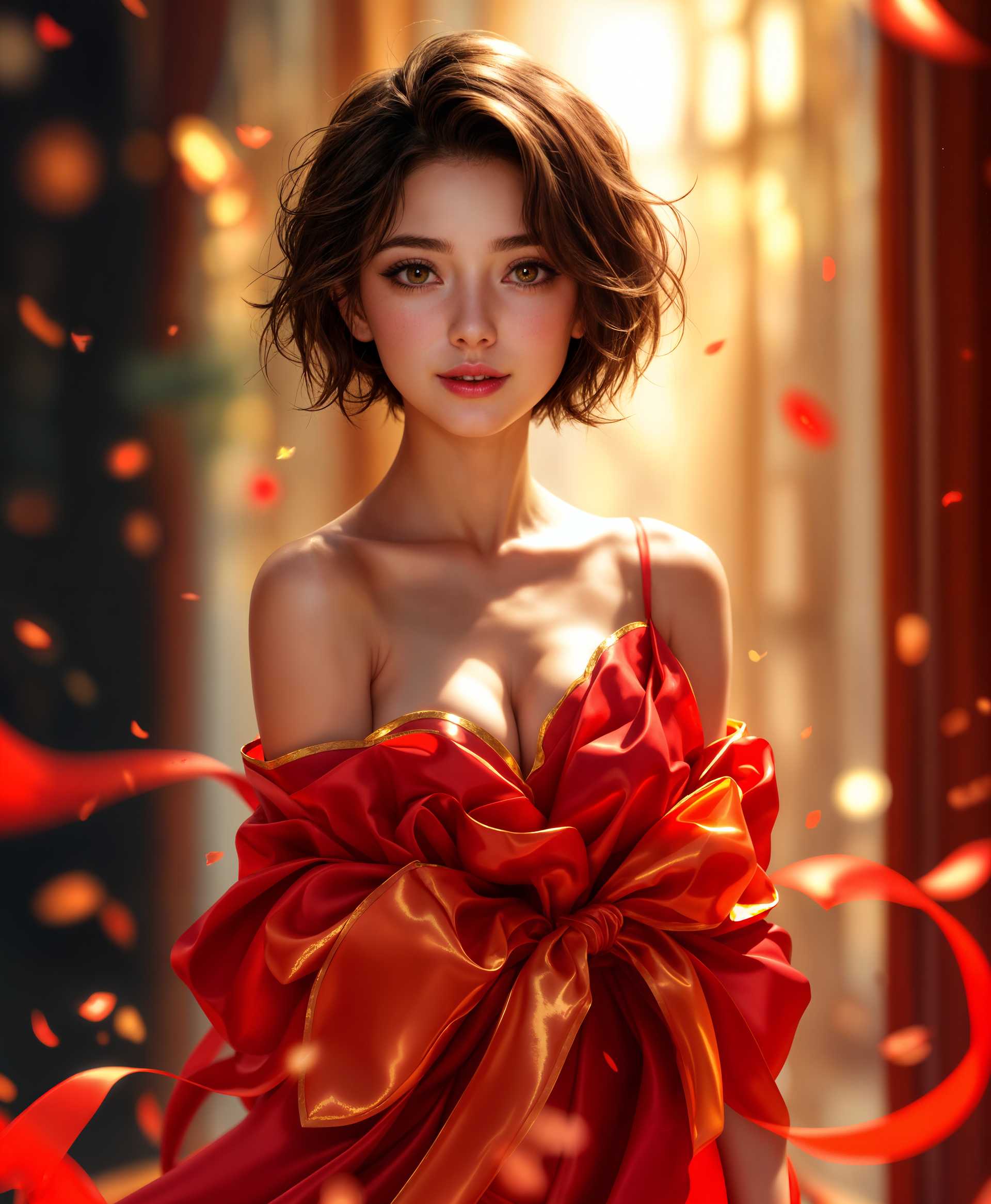 masterpiece, best quality, highres, sharp image, more detail, masterpiece, best quality, highres, sharp image, more detail, **High-Quality Prompt for Image Generation:**

Create a vibrant and detailed anime-style portrait of a young woman with:

- **Subject**: A short-haired brunette girl with expressive hazel eyes, her hair styled in a playful, slightly tousled manner.
- **Visual Details**: Her skin is adorned with delicate freckles on her cheeks and the bridge of her nose, adding a touch of realism. Her body is artfully wrapped in vibrant red and gold ribbons, styled to accentuate her curves in an elegant, present-like fashion. The ribbons are glossy, reflecting light subtly.
  
- **Clothing/Accessories**: The ribbons cover her in a way that suggests both modesty and allure, with strategic cut-outs or sheer fabric areas for visual interest.

- **Style**: Employ a modern anime aesthetic with a blend of soft, painterly textures to give depth to the skin and ribbons. Use a style reminiscent of **Yoshitaka Amano**'s ethereal character designs, but with a more contemporary, playful twist.

- **Composition**: Position her centrally, slightly turned to the side to showcase the wrapping. Her gaze should meet the camera, engaging the viewer with a mischievous or inviting look. 

- **Lighting**: Illuminate the scene with a soft, golden hour light, casting warm hues across the scene, enhancing the festive and romantic mood.

- **Mood and Atmosphere**: Capture a sense of playfulness and anticipation, as if she is about to be 'unwrapped' in a non-literal sense. The background should be a soft, pastel gradient that contrasts with the vivid colors of the ribbons, suggesting an otherworldly or dreamlike setting.

- **Technical Aspects**: Utilize techniques like **chiaroscuro** to enhance the depth of the wrapping and the contours of her face. Employ a **soft focus** on the background to keep the viewer's attention on her.

- **Cohesion**: Ensure all elements, from the lighting to the character's expression, work harmoniously to convey a story of surprise, allure, and festive joy, creating a visually cohesive and engaging scene.