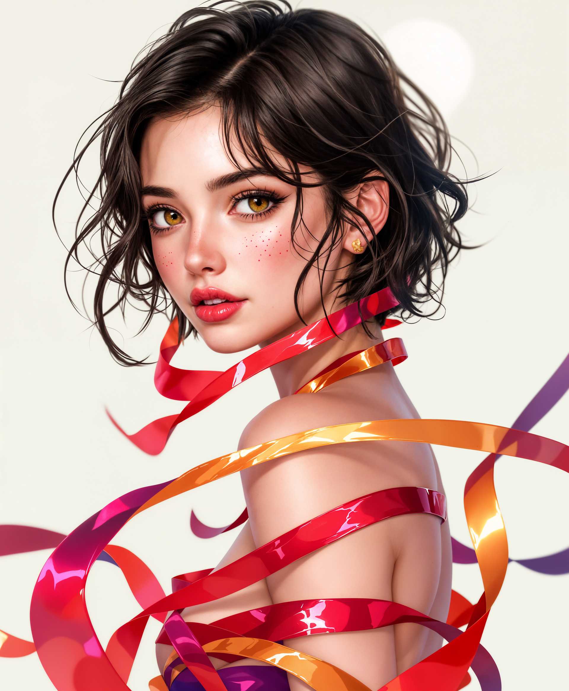 masterpiece, best quality, highres, sharp image, more detail, masterpiece, best quality, highres, sharp image, more detail, **High-Quality Prompt for Image Generation:**

Create a vibrant and detailed anime-style portrait of a young woman with:

- **Subject**: A short-haired brunette girl with expressive hazel eyes, her hair styled in a playful, slightly tousled manner.
- **Visual Details**: Her skin is adorned with delicate freckles on her cheeks and the bridge of her nose, adding a touch of realism. Her body is artfully wrapped in vibrant red and gold ribbons, styled to accentuate her curves in an elegant, present-like fashion. The ribbons are glossy, reflecting light subtly.
  
- **Clothing/Accessories**: The ribbons cover her in a way that suggests both modesty and allure, with strategic cut-outs or sheer fabric areas for visual interest.

- **Style**: Employ a modern anime aesthetic with a blend of soft, painterly textures to give depth to the skin and ribbons. Use a style reminiscent of **Yoshitaka Amano**'s ethereal character designs, but with a more contemporary, playful twist.

- **Composition**: Position her centrally, slightly turned to the side to showcase the wrapping. Her gaze should meet the camera, engaging the viewer with a mischievous or inviting look. 

- **Lighting**: Illuminate the scene with a soft, golden hour light, casting warm hues across the scene, enhancing the festive and romantic mood.

- **Mood and Atmosphere**: Capture a sense of playfulness and anticipation, as if she is about to be 'unwrapped' in a non-literal sense. The background should be a soft, pastel gradient that contrasts with the vivid colors of the ribbons, suggesting an otherworldly or dreamlike setting.

- **Technical Aspects**: Utilize techniques like **chiaroscuro** to enhance the depth of the wrapping and the contours of her face. Employ a **soft focus** on the background to keep the viewer's attention on her.

- **Cohesion**: Ensure all elements, from the lighting to the character's expression, work harmoniously to convey a story of surprise, allure, and festive joy, creating a visually cohesive and engaging scene.