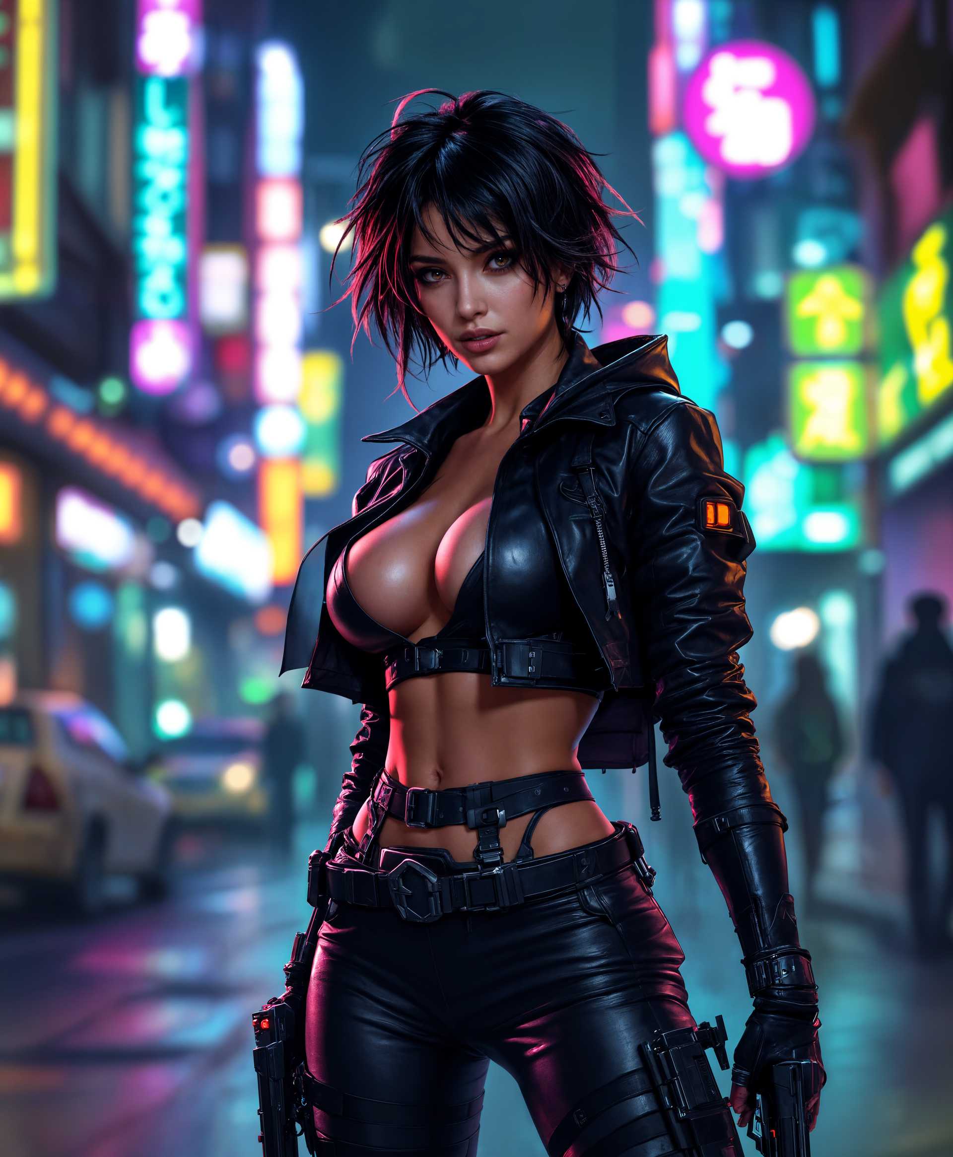 masterpiece, best quality, highres, sharp image, more detail, masterpiece, best quality, highres, sharp image, more detail, **Prompt:**

Create a digital art piece featuring a **beautiful mercenary girl** with **short, tousled hair** in a **vivid, urban setting**. Her **stylish and sexy outfit** should be **leather-based**, with **tight pants, a form-fitting jacket**, and **combat boots**, showcasing her **slim, athletic build**. She wields **two sleek, modern handguns** with **custom engravings** and **suppressors**, held confidently at her sides. 

**Visual Details:**
- **Hair**: Dark, with highlights that catch the light, adding a dynamic, almost fiery look.
- **Outfit**: Black leather with metallic accents, highlighting her curves while allowing freedom of movement. 
- **Weapons**: Guns with **matte black finish** and **red laser sights**, adding a touch of danger and precision.
- **Lighting**: Neon city lights cast colorful reflections on her gear and face, enhancing her allure.

**Style:**
- **Artistic Style**: Hyper-realistic with a touch of cyberpunk, reminiscent of the detailed character designs in *Ghost in the Shell*.
- **Photography Technique**: High dynamic range (HDR) to capture the contrast between shadows and bright neon lights.

**Composition:**
- **Subject Positioning**: She stands in a wide stance, guns lowered but ready, her gaze forward with a mix of confidence and defiance.
- **Camera Angle**: Low angle shot to emphasize her dominance and the urban backdrop.

**Mood and Atmosphere:**
- **Setting**: A bustling, futuristic city at night with rain just starting to fall, creating a wet, reflective surface.
- **Ambiance**: The scene is charged with energy and tension, the rain adding a sense of urgency and realism.

**Technical Aspects:**
- **Depth of Field**: Shallow to focus on her, blurring the background into abstract light patterns.
- **Color Palette**: Dominated by cool blues and purples, with splashes of neon pink, green, and red from signs and lights.

**Cohesion:**
- All elements should come together to portray a **stylish, capable, and seductive** mercenary in a **vibrant, dangerous urban environment**.