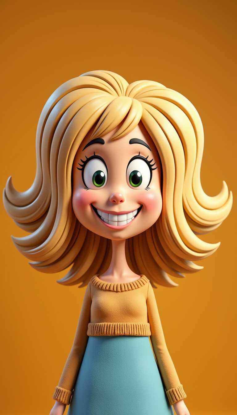 Claymation. The subject is depicted with a broad, toothy smile, open eyes, and a relaxed, content expression. The hair is a voluminous, short, and curly blonde bob, styled in a way that suggests movement and a sense of playfulness.The art style is reminiscent of midcentury modern with a touch of contemporary flair, characterized by its clean lines, bold outlines, and simplified forms. Retro background.