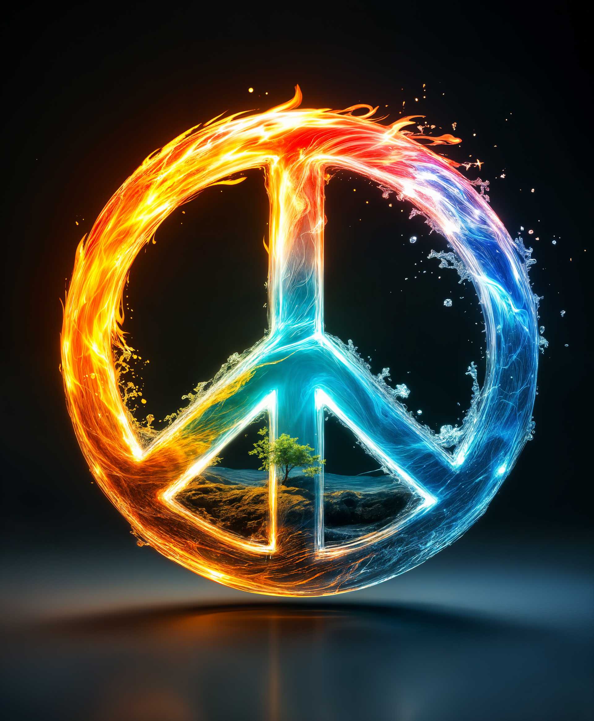 masterpiece, best quality, highres, sharp image, more detail, masterpiece, best quality, highres, sharp image, more detail, A high-resolution photograph capturing the **Peace Sign** made of translucent, ethereal material with intricate details, where:

- **Fire** (top circle) is depicted as a dynamic, swirling flame with shades of vibrant orange, red, and yellow, casting a warm glow on the surrounding elements, with the fire's light reflecting off the water element below.
  
- **Wind** (left circle) is visualized through swirling patterns of mist and air currents, with gentle, flowing lines that mimic the movement of wind, incorporating shades of light blue and white, creating a sense of movement and freedom.

- **Water** (right circle) shows clear, reflective water with ripples and waves, capturing light in a way that highlights its fluidity and depth, with hues of blue transitioning from deep to light, symbolizing tranquility and adaptability.

- **Earth** (bottom circle) is represented by rich, textured layers of soil, rocks, and plant life, with earthy tones of brown, green, and various shades of stone, evoking a sense of stability and growth.

The composition places the Peace Sign centrally within the frame, viewed from a slightly elevated angle to showcase each element's interaction, with:

- **Lighting**: The scene is illuminated by a soft, natural light, creating a balanced exposure where each element's colors and textures are vividly portrayed.
  
- **Mood**: The image exudes a serene yet powerful ambiance, symbolizing harmony and balance among the elements, with a touch of mystique due to the ethereal quality of the sign itself.

- **Style**: The photography technique should blend elements of macro photography to capture the details of each element, with a slight high dynamic range (HDR) effect to enhance the contrast between the elements, all while maintaining a fine art approach to emphasize the symbolic nature of the image.