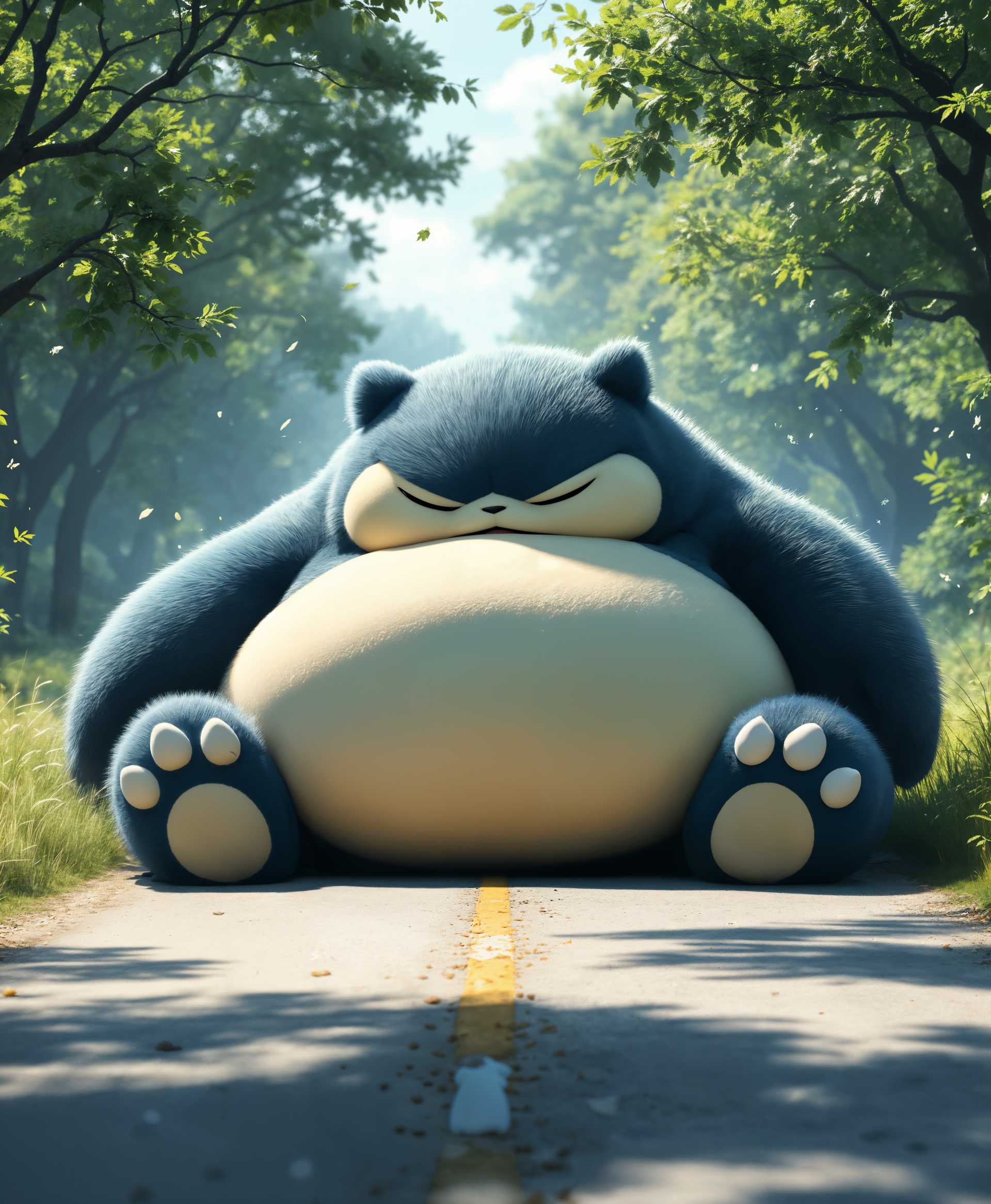 masterpiece, best quality, highres, sharp image, more detail, masterpiece, best quality, highres, sharp image, more detail, Create a high-definition digital art of Snorlax from Pokémon, **asleep and snoring** on a **sunlit rural road**. 

**Visual Details**: 
- Snorlax's fur should be depicted with **soft, fluffy textures**, showcasing its **bluish-grey color** with lighter tones on the belly and face. 
- **Shadows** should be cast under Snorlax, emphasizing its massive size and weight.
- **Particles of dust** and **small leaves** could be floating in the air, disturbed by his snoring.

**Style**: 
- The image should mimic the **crisp, vibrant style** of Pokémon's original artwork but with **hyper-realistic textures** for a more **cinematic** feel.

**Composition**: 
- Position Snorlax **centrally** on the road, **blocking the entire path**, with his head slightly turned to the side, mouth open in a snore. 
- Use a **wide-angle lens effect** to emphasize the scale of Snorlax compared to the road and surrounding environment.

**Mood and Atmosphere**: 
- The scene should evoke a **lighthearted, humorous** atmosphere, with **midday sunlight** casting long, playful shadows. 
- The sky should be clear with **fluffy clouds** drifting by, adding to the serene yet comical setting.

**Technical Aspects**: 
- **Depth of field** should focus on Snorlax, with the road and landscape in soft focus around him. 
- Utilize **bokeh** effects in the background to simulate a **shallow depth of field** typical in professional photography.
- **High dynamic range (HDR)** techniques to capture the range of light and shadow, enhancing the realism of the scene.

**Cohesion**: 
- Ensure the **sunlit, serene environment** contrasts with Snorlax's **obtrusive presence**, creating a **humorous juxtaposition** that feels both **authentic** to the Pokémon universe and **visually engaging** for viewers.
