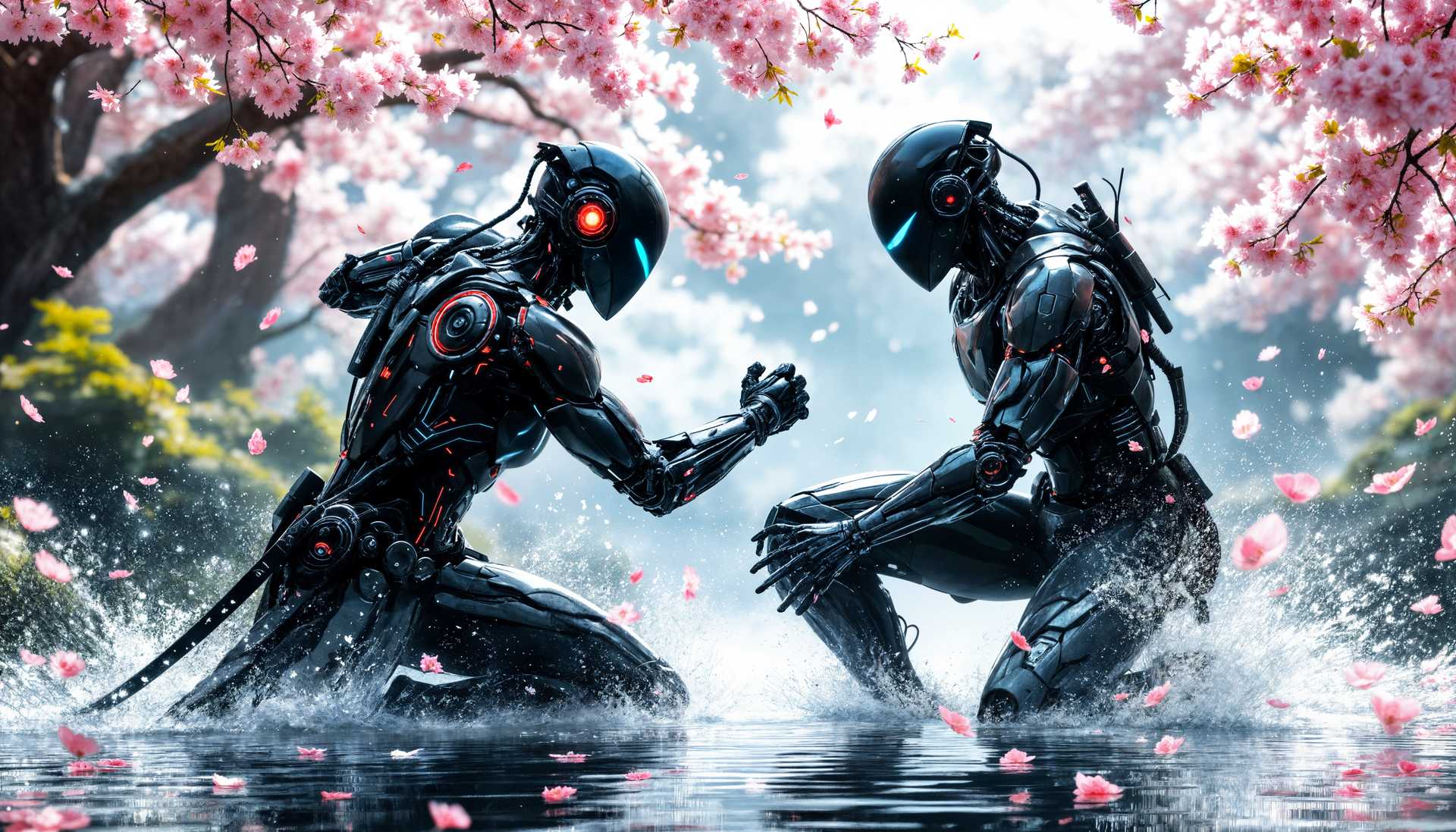 masterpiece, best quality, highres, sharp image, more detail, masterpiece, best quality, highres, sharp image, more detail, **Prompt:** Create an ultra-high-definition digital painting depicting two cyborg ninjas in a fierce, long-lasting combat. Their cybernetic enhancements should be intricate, featuring:

- **Visual Details:** 
  - Shimmering metallic skin with neon blue and red circuitry patterns glowing softly.
  - Exposed mechanical parts with gears and pistons moving in slow motion to emphasize the fight's intensity.
  - A pond behind them, its surface rippled with the impact of their movements, reflecting the cherry blossoms and the ninjas' metallic sheen.
  - Sakura trees in full bloom, with petals gently falling, some caught in the air currents created by the fight, others floating on the pond.

- **Style:**
  - Utilize a fusion of cyberpunk aesthetics and traditional Japanese art, reminiscent of the Edo period's ukiyo-e woodblock prints but with a futuristic twist.

- **Composition:**
  - The ninjas are positioned dynamically, mid-action, with one ninja leaping into the air to strike, and the other in a defensive crouch, both framed by the serene backdrop of the pond and sakura trees.
  - The camera angle should be low, looking up to emphasize the height and intensity of the leap, capturing the moment of impact.

- **Mood and Atmosphere:**
  - The scene should evoke a sense of timelessness, with the fight appearing to have lasted for ages, yet the serene environment contrasts with the violence, creating an eerie tranquility.
  - Lighting should be soft, with the last rays of the setting sun casting long shadows and a warm glow over the scene, highlighting the contrast between the natural beauty and the technological intrusion.

- **Technical Aspects:**
  - Use motion blur to convey the speed of the fight, with the petals and water in slight blur to add to the dynamic movement.
  - High contrast between the dark, metallic cyborgs and the light, pastel colors of the blossoms and pond to enhance visual impact.
  - Employ depth of field to focus on the fighters while the background of sakura trees and pond is slightly blurred, creating a three-dimensional feel.

- **Cohesion:** 
  - All elements should harmoniously blend the traditional with the futuristic, creating an image where the beauty of nature and the harshness of technology coexist in a surreal, almost dreamlike fight scene.