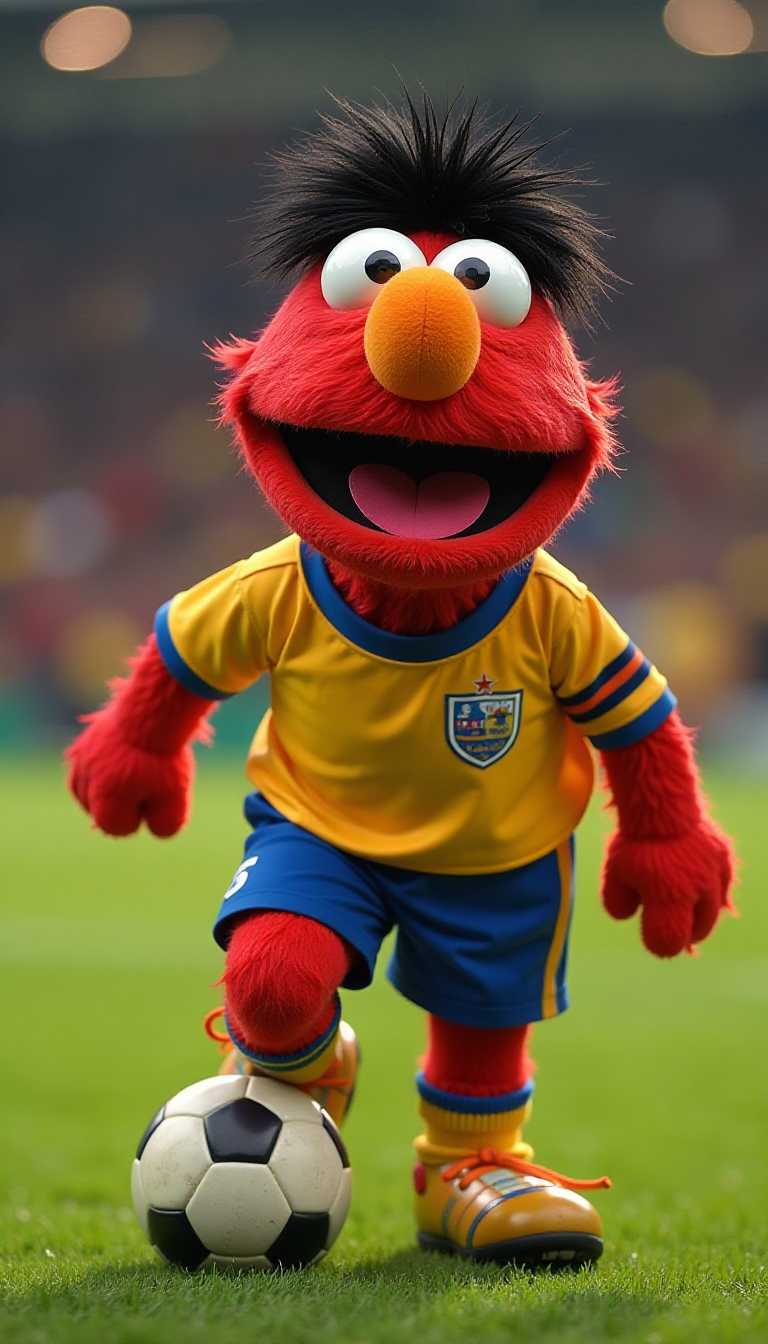 Sesame Street soccer player Muppet with his mouth wide open.