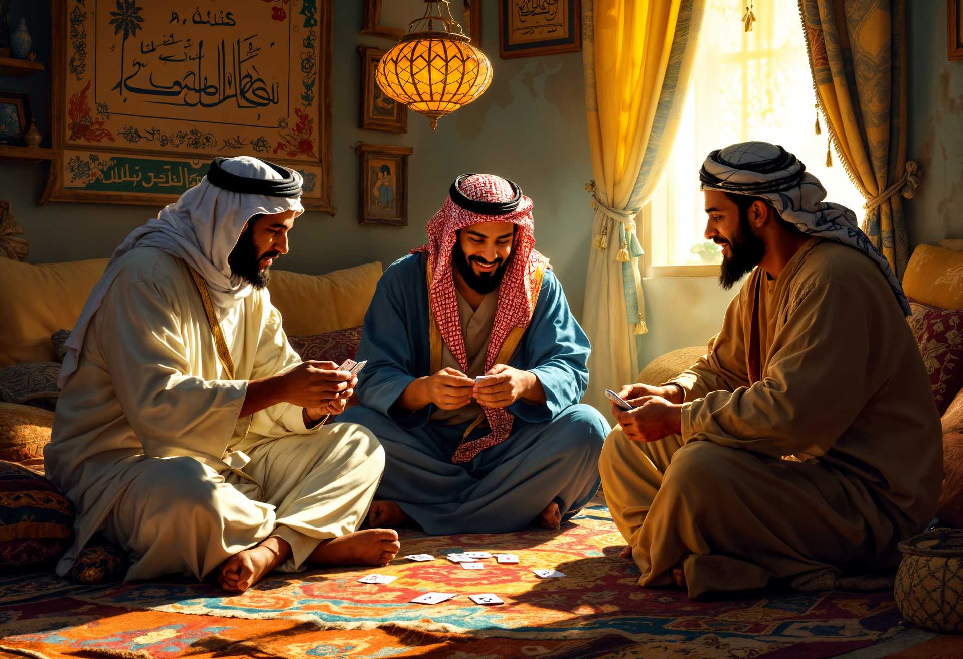 masterpiece, best quality, highres, sharp image, more detail, masterpiece, best quality, highres, sharp image, more detail, Create an image of a **cozy, intimate setting** where a **group of Arab friends** are engaged in **playing card games**. The scene is set in a **traditional room** with:

- **Visual Details**: 
  - **Textures**: The friends are seated on **colorful, woven rugs and cushions** with intricate patterns, enhancing the cultural authenticity.
  - **Colors**: Warm hues dominate, with shades of **ochre, burnt sienna, and deep blues** reflecting the Middle Eastern palette.
  - **Lighting**: Soft, diffused light from **a nearby window** or **lamps with patterned shades** casts gentle shadows, highlighting the expressions of concentration and joy on the players' faces.

- **Style**: 
  - **Artistic Influence**: Inspired by the **realistic yet vibrant depictions of daily life in Middle Eastern art**, akin to the works of **Hassan Massoudy** or **Khalil Gibran**, with an emphasis on cultural representation.

- **Composition**: 
  - **Subject Positioning**: The group is arranged in a **semi-circle**, each person slightly turned towards the center where the card game is taking place.
  - **Camera Angle**: A **low angle shot** from the floor level to immerse the viewer in the scene, capturing the **intricate details of the cards and the faces of the players**.
  - **Framing**: The frame should include **a glimpse of the room's architecture** with traditional arches or ornate wooden doors, but the focus remains on the group.

- **Mood and Atmosphere**: 
  - **Ambiance**: The mood is **relaxed and convivial**, with an air of **friendship and camaraderie**. The time of day could be **late afternoon**, with the light suggesting the approach of evening, adding to the warm, inviting atmosphere.
  - **Weather Conditions**: Subtle hints of a **gentle breeze** can be seen moving the curtains or a plant in the background, suggesting an open window to the outside.

- **Technical Aspects**: 
  - **Depth of Field**: Use a **shallow depth of field** to keep the focus on the card game, with the background slightly blurred to maintain viewer attention on the main subjects.
  - **Lighting Techniques**: Employ **Rembrandt lighting** to sculpt the faces, providing depth and drama to the scene.

This prompt should result in an image where **all elements blend to portray a vibrant, cultural, and emotionally engaging scene** of friends enjoying