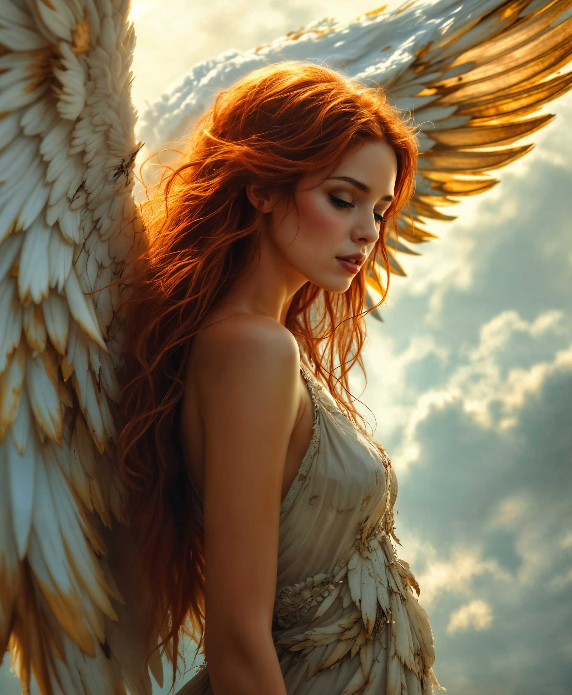 masterpiece, best quality, highres, sharp image, more detail, masterpiece, best quality, highres, sharp image, more detail, **Prompt:**

An ethereal scene where a **fallen angel** with **broken wings** looks downcast towards the **earthly ground**. Her **tanned skin** contrasts with the **soft, golden light** filtering through the clouds, highlighting the **fine texture** of her **long, flowing red hair** that cascades over her shoulders. Her **blue eyes**, filled with a mix of **sorrow and contemplation**, gaze into the distance. The wings, once **majestic**, are now **tattered**, with **feathers missing** and **edges frayed**, showing the **details of each remaining feather** in a mix of **charred and white**. The **mood is melancholic**, with an **atmosphere of a late afternoon**, the **light casting long shadows** and creating a **somber, yet beautiful** ambiance. 

**Style**: **Pre-Raphaelite**, with an emphasis on **detailed realism** and **vibrant color palettes** to evoke emotion. The **composition** places the angel in the center, her figure **framed by the remnants of her wings**, with the **camera angle slightly below her**, giving her a **majestic yet fallen** appearance. The **background** shows a **soft blur of clouds**, creating depth and drawing focus to her. The **lighting** should be **chiaroscuro**, with **dramatic contrasts** between light and shadow to enhance the **emotional depth** of the scene.