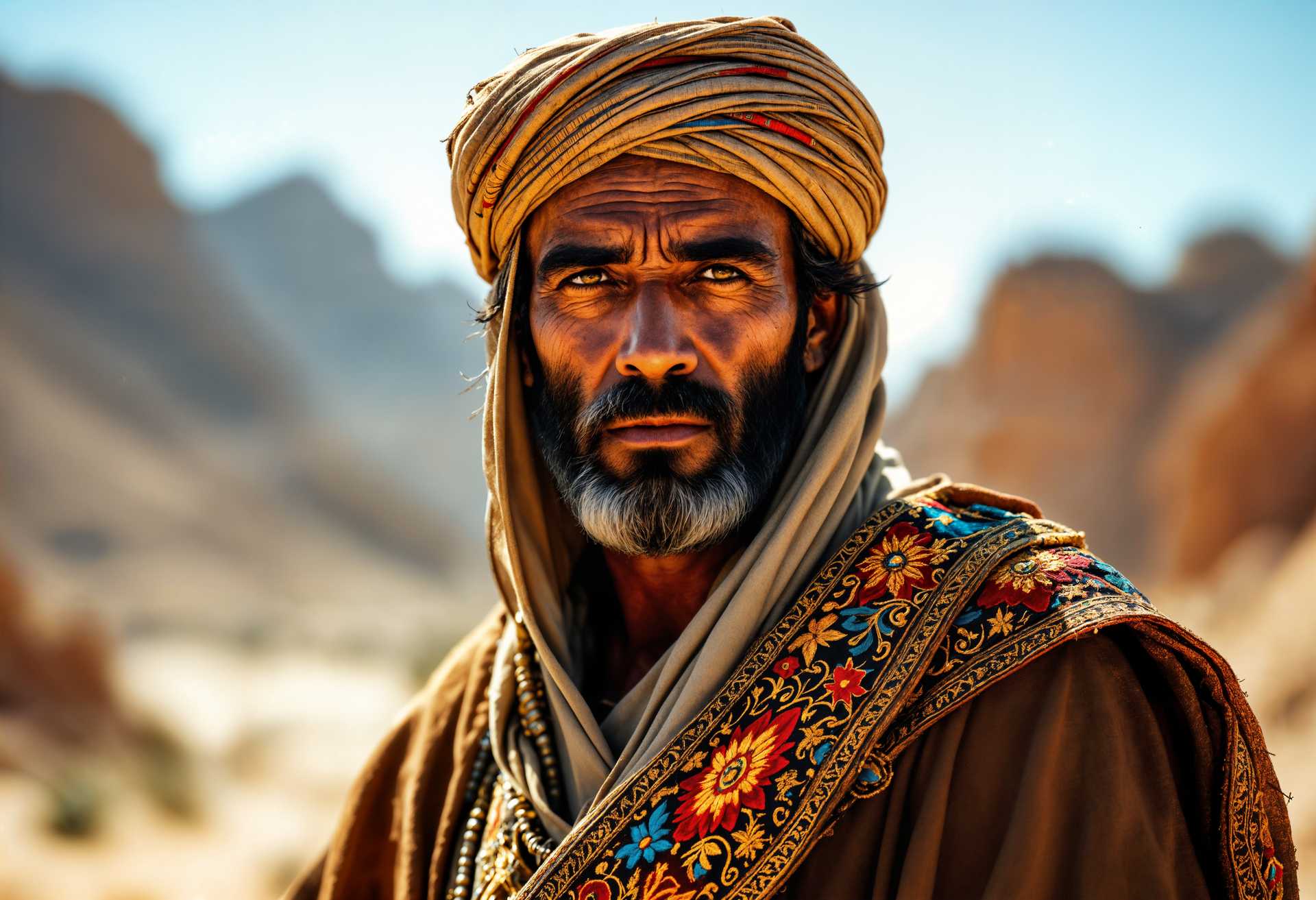 masterpiece, best quality, highres, sharp image, more detail, masterpiece, best quality, highres, sharp image, more detail, A high-resolution portrait of a Yemeni warrior, **Subject**: A stoic Yemeni man in traditional attire, **Clothing**: Adorned in a vibrant, detailed, and intricately embroidered Yemeni jambiya dagger at his waist, **Lighting**: Harsh sunlight casting dramatic shadows across his face, **Environment**: Set against the backdrop of rugged Yemeni mountains, **Details**: His face weathered by the sun, with deep lines and a piercing gaze, **Colors**: Earthy tones with splashes of bright red, blue, and gold from his clothing, **Style**: Photorealistic with elements reminiscent of National Geographic photography, **Camera**: Low angle shot to emphasize his stature and presence, **Mood**: A sense of pride, resilience, and the weight of cultural heritage, **Atmosphere**: The air is dry, with a slight haze from the desert sands, **Technical Aspects**: Shallow depth of field focusing on the warrior, with the background slightly blurred, **Composition**: Rule of thirds, with the warrior positioned to the left, allowing space for the vast landscape on the right.