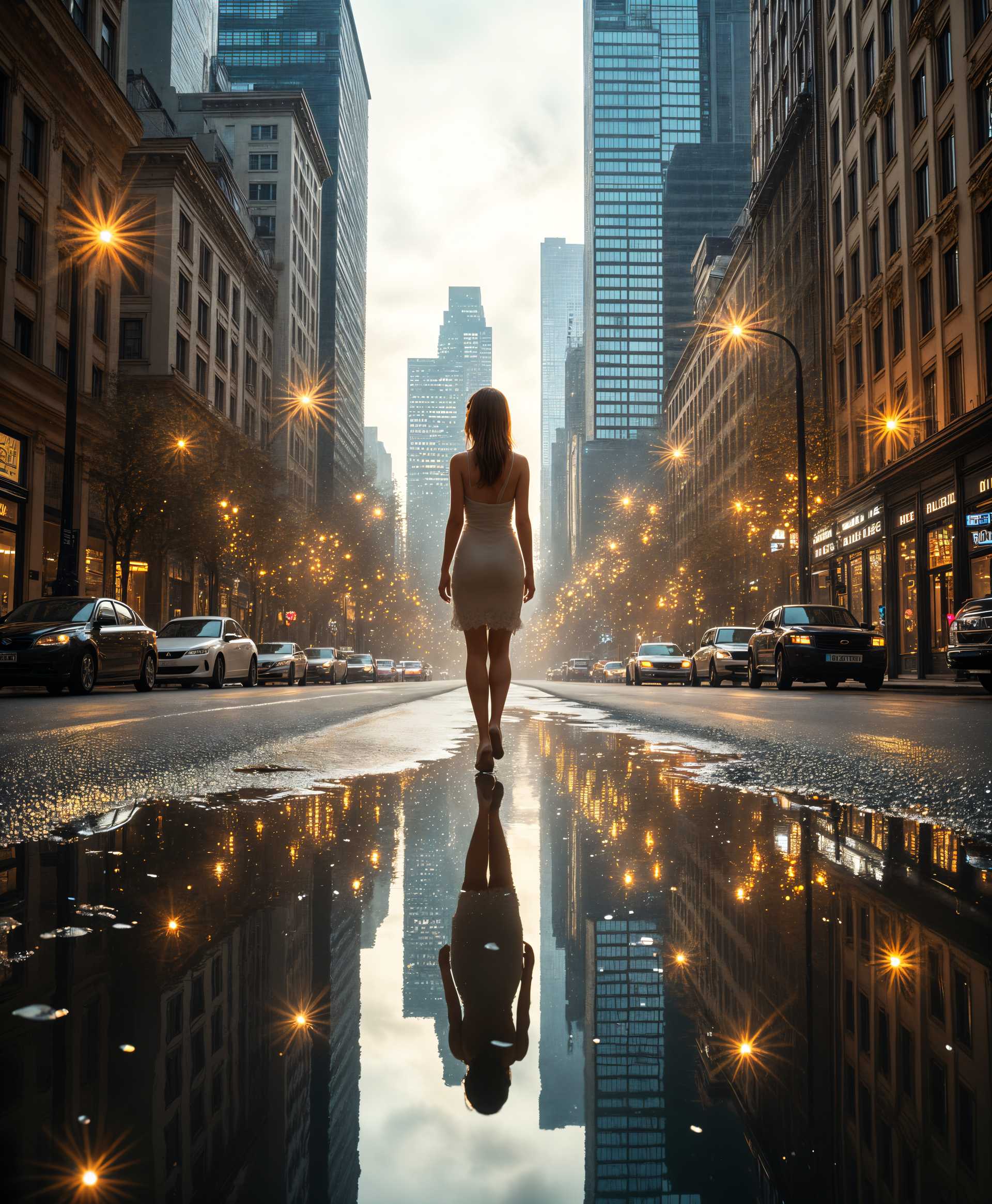 masterpiece, best quality, highres, sharp image, more detail <lora:more_details:0.5> <lora:SDXLrender_v2.0:1>, midjourney, a photo of Nana, **Subject**: Nana, a beautiful woman,

**Scene**: The cityscape stretches on both sides, creating a corridor of urban life. The buildings, with their reflective glass facades and ornate architecture, are mirrored vividly in the water that has pooled on the ground, creating a surreal 'mirrorworld' effect.

**Visual Details**: 
- **Nana's Attire**: She wears a beautiful dress.
- **Cityscape**: Modern high-rises with reflective surfaces blend with historical buildings, their facades adorned with art deco details.
- **Water Reflection**: The puddles act like mirrors, reflecting the city with stunning clarity, enhancing the colors and details of the buildings and sky.

**Lighting**: The scene is bathed in the soft, golden light of a late afternoon, casting long shadows and creating a warm, reflective glow on the wet pavement.

**Mood/Atmosphere**: 
- The mood is serene yet slightly surreal, evoking a sense of timelessness and tranquility amidst the bustling city life.
- The ambiance is filled with the distant hum of urban activity, the splash of footsteps in puddles, and the occasional sound of vehicles or trains.

**Composition**: 
- **Framing**: Nana is framed centrally, with the cityscape extending equally on both sides, creating symmetry and balance.
- **Camera Angle**: A low angle shot captures Nana's dignified walk, with the city's reflections leading the viewer's eye towards her.

**Technical Aspects**: 
- **Focus**: Sharp focus on Nana, with the city in soft focus to emphasize the reflective quality of the water.
- **Depth of Field**: Shallow to highlight Nana and the immediate reflections, with the background cityscape slightly blurred.
- **Lens**: A wide-angle lens captures the expansive cityscape and the dramatic effect of the reflections.

**Artistic Style**: The scene is rendered in a photorealistic style with elements of surrealism, reminiscent of a modern interpretation of Magritte's work, where the ordinary is transformed into something extraordinary through reflection and light play.