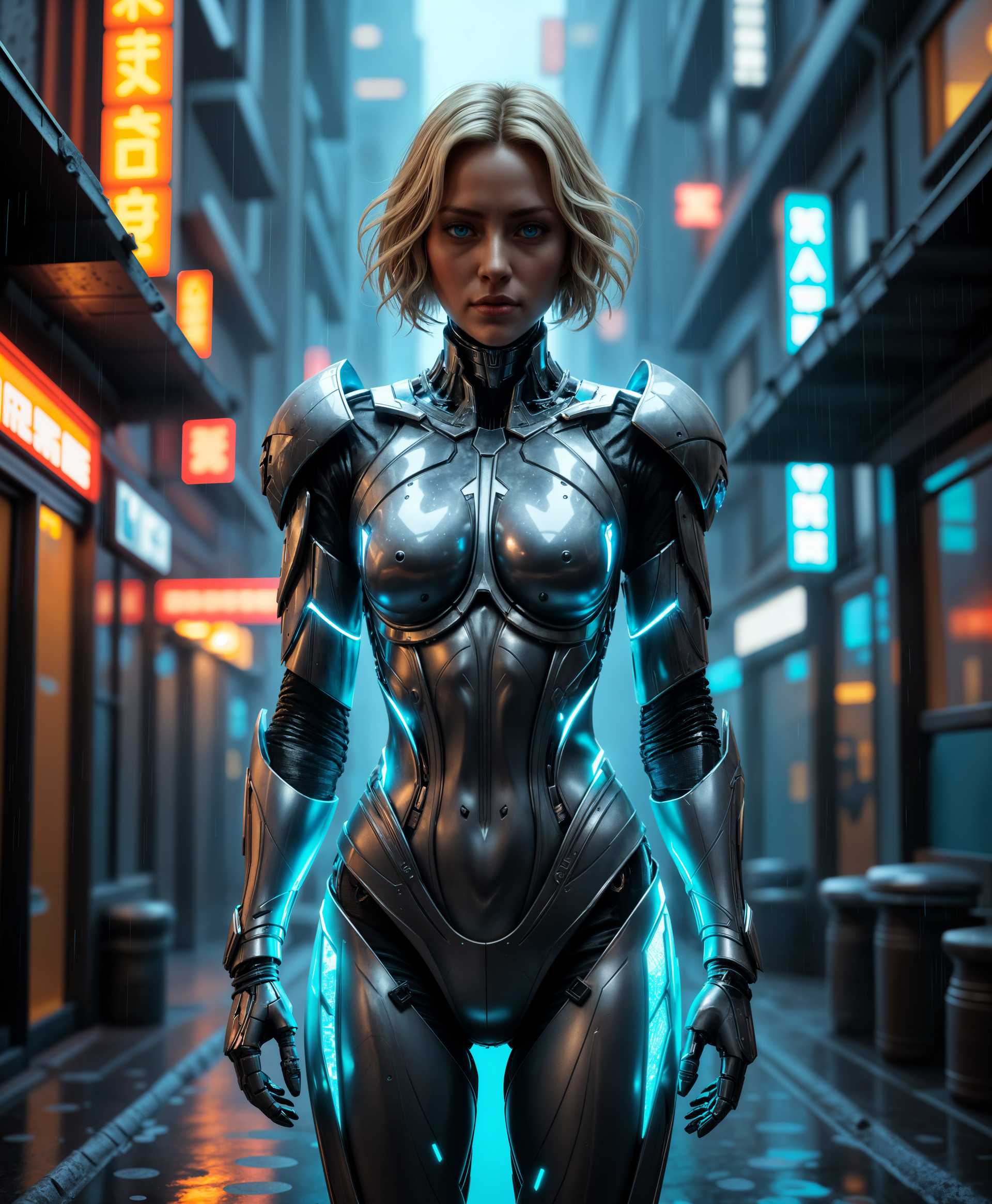 masterpiece, best quality, highres, sharp image, more detail, masterpiece, best quality, highres, sharp image, more detail, masterpiece, best quality, highres, sharp image, more detail, liquid marble, **Subject:** A stunning, short-haired blonde woman, her hair styled sleekly with a hint of curl at the ends, embodying a futuristic warrior aesthetic.

**Mecha Armor Details:** The armor is sleek, minimalistic, and metallic with a polished silver finish. It is strategically designed to cover only her breasts and pelvic area, leaving her arms, legs, and midriff exposed, suggesting both protection and vulnerability. The armor has intricate, glowing blue lines tracing its contours, indicating advanced technology or energy circuits.

**Artistic Style:** Inspired by cyberpunk art, with elements of high-tech futurism. The image should evoke the feel of concept art for a sci-fi movie or video game, with clean lines and a touch of digital art glossiness.

**Composition:** The woman stands in a dynamic pose, one leg slightly bent, suggesting movement or readiness. The camera angle is slightly low, looking up at her, enhancing her imposing presence. She is the focal point, centered in the frame with a slight depth of field to blur the background, focusing attention on her and her armor.

**Mood and Atmosphere:** The setting is a dimly lit, neon-infused urban landscape at night, with rain gently falling. The atmosphere is charged with tension and mystery, the glow from the mecha armor's blue lines casting a soft light on her face, highlighting her determined expression.

**Technical Aspects:** Utilize chiaroscuro lighting to create dramatic contrasts between light and shadow, emphasizing the futuristic elements of the armor. The image should have a high dynamic range (HDR) to capture both the bright armor and the dark surroundings. Employ a shallow depth of field to isolate the subject, with a subtle lens flare from the armor's illumination.

**Cohesion:** The scene integrates seamlessly, with the woman's pose, the armor's design, and the urban backdrop all working together to create a cohesive, immersive cyberpunk world. The rain adds a layer of realism, reflecting the city lights and the glow from her armor, tying the composition together in a visually compelling narrative.