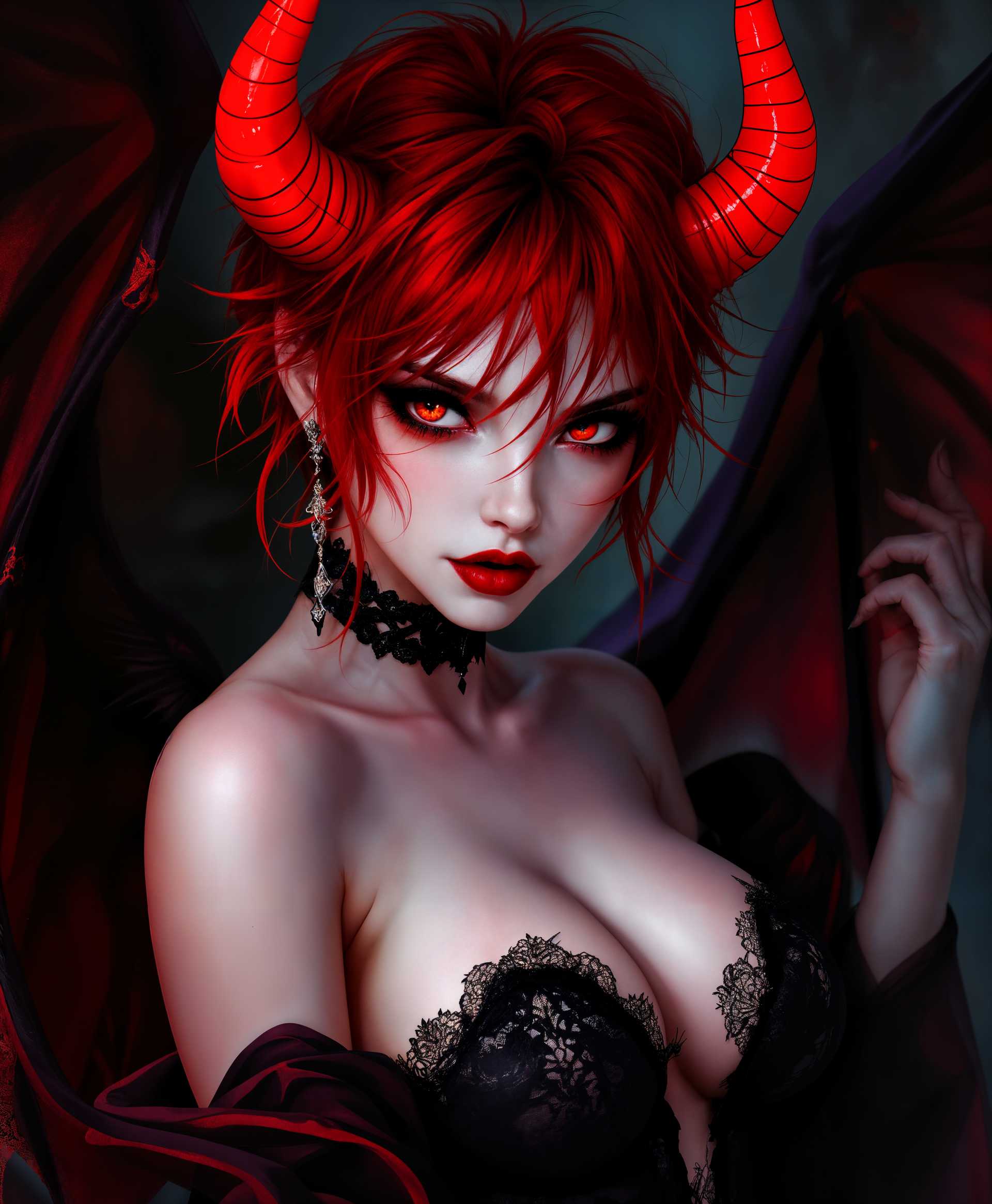 masterpiece, best quality, highres, sharp image, more detail, masterpiece, best quality, highres, sharp image, more detail, **Prompt for AI Image Generation:**

*Visual Details*: The succubus has short, vibrant red hair styled in a tousled, wild manner, emphasizing her untamed nature. Her eyes are deep, dark black with pupils that seem to absorb light, creating a stark contrast to her pale, almost translucent skin that hints at her otherworldly essence. Her lips are a deep, alluring red, complementing her hair. She wears an outfit that blends gothic elements with traditional Japanese attire, featuring intricate lace and flowing silk that highlights her sinister yet seductive form.

*Style*: The image should evoke a dark, anime aesthetic, reminiscent of classic gothic anime with a modern twist. The lines are sharp and precise, colors are saturated yet moody, creating a vivid, almost theatrical appearance.

*Composition*: The succubus is positioned slightly off-center in a dynamic pose, wings spread wide, creating a sense of movement and power. Her gaze is directed towards the viewer, challenging and inviting at the same time. The background is a blend of dark shadows and subtle hints of a supernatural realm, with a low-key lighting setup that casts deep shadows and highlights her features.

*Mood and Atmosphere*: The scene exudes an eerie, enchanting atmosphere, with a hint of danger in the air. The time of day is twilight, with a blood-red sky that matches her hair, suggesting a world between the mundane and the magical. The mood is tense, with an underlying sexual tension that is both captivating and foreboding.

*Technical Aspects*: Use chiaroscuro lighting to enhance the contrast between light and dark, emphasizing her sinister beauty. Employ depth of field to blur out the background, focusing on her as the central subject. The image should have a high dynamic range to capture the vividness of her hair and the darkness of her eyes.

*Cohesion*: All elements should harmoniously blend to portray the succubus as both an alluring and ominous figure, drawing the viewer into her world where beauty and danger intertwine.