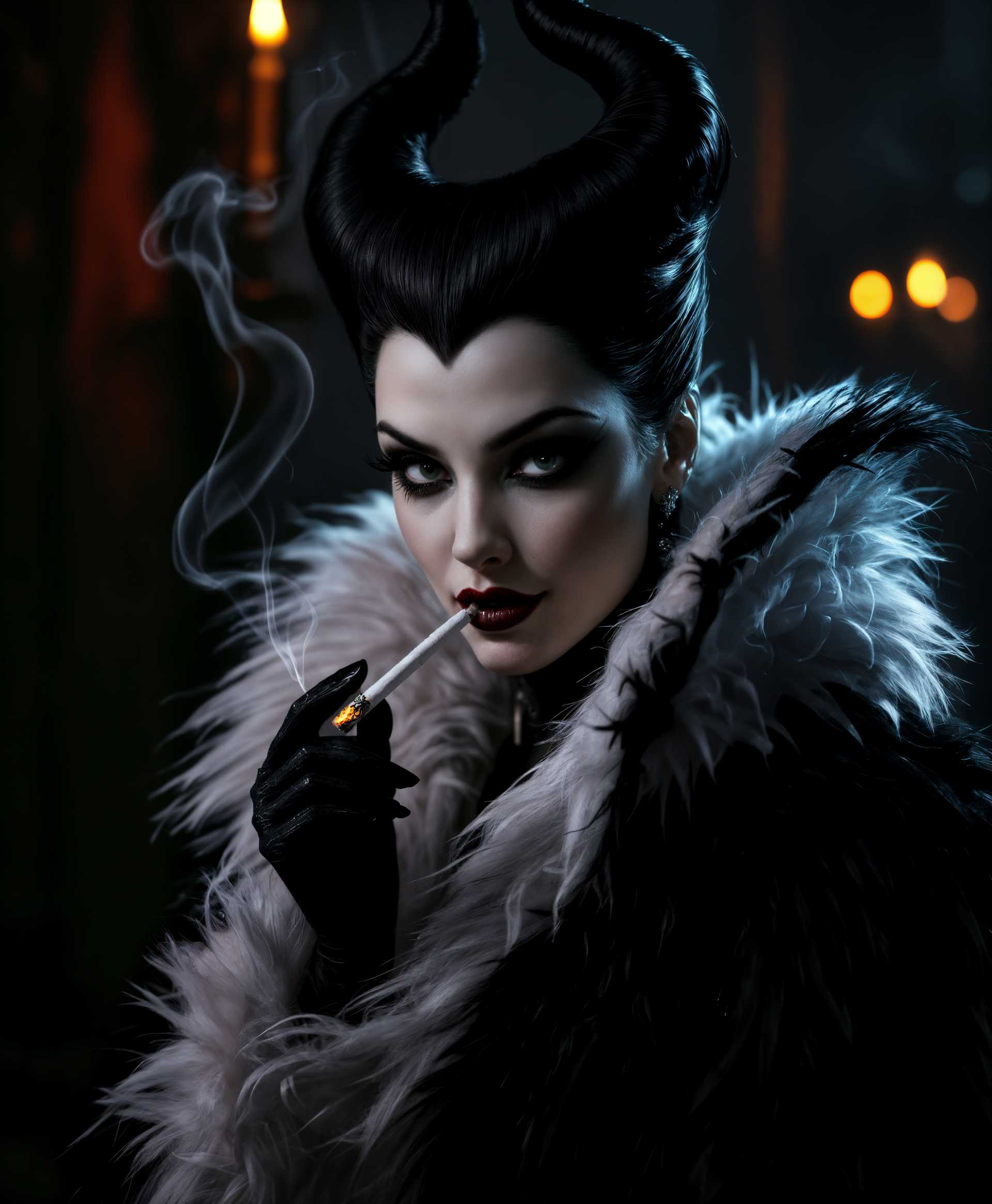 masterpiece, best quality, highres, sharp image, more detail, masterpiece, best quality, highres, sharp image, more detail, A high-resolution, hyper-realistic portrait of **Cruella De Vil** in her iconic black and white fur coat, her **cigarette smoke** swirling around her like a dark aura, capturing her **villainous essence**. She stands in a **sinister, dimly lit** environment, perhaps an old, **gothic mansion**, with **shadows playing across her face**, emphasizing her **piercing gaze** and **menacing smile**. The image should reflect a **film noir** style, with **chiaroscuro lighting** creating dramatic contrasts between light and dark, enhancing her **evil** demeanor. Her **pose** is **confident and dominant**, with the cigarette held elegantly, the smoke curling upwards, blending into the **moody, atmospheric** background. The focus should be on her **face and eyes**, capturing the **intensity and malice** behind them, with **texture** details like the fur's softness and the **cigarette's ember** glowing faintly. The **camera angle** is slightly low, looking up at her, adding to her **intimidating presence**.