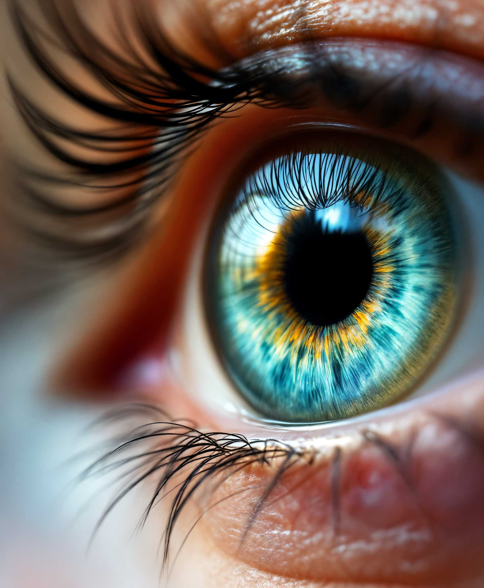 photorealistic, ultra high detail, lifelike, photorealistic, ultra high detail, lifelike, Create an ultra-high-resolution image of an **eye** with an **intricate, multi-layered iris**:

- **Iris Coloration**: A mesmerizing blend of **blue, grey, and green** hues, each layer subtly blending into the next. The **blue** should be deep and vibrant, reminiscent of the clear skies at dawn; the **grey** should appear like soft, smoky clouds, adding depth; the **green** should sparkle with emerald flecks, giving life and movement.

- **Texture**: The iris should exhibit a fine, detailed texture, with visible radial fibers that suggest natural complexity. The pupil should be a deep black, providing a sharp contrast to the vibrant iris.

- **Lighting**: Natural light should illuminate the eye, creating highlights and reflections on the cornea, enhancing the vividness of the colors. Consider a soft, directional light source that emphasizes the depth and layers within the iris.

- **Mood and Atmosphere**: The image should evoke a sense of **enchantment** and **mystery**, as if peering into a world of magic or nature's secrets. The surrounding should be a soft, neutral backdrop to make the eye the focal point.

- **Artistic Style**: Capture the essence of **macro photography**, focusing on intricate detail, with a nod to **hyper-realism** to ensure each layer of color and texture is convincingly rendered.

- **Composition**: The eye should be centrally framed, with a slight tilt to suggest curiosity or intrigue. The composition should guide the viewer's eye towards the iris, using the natural lines and shapes of the eye to create a dynamic flow.

- **Technical Aspects**: Utilize **focus stacking** techniques to ensure all layers are in sharp focus, while employing **color grading** to enhance the natural palette, ensuring the colors are vibrant yet believable. 

This prompt should result in an image that captures the complexity and beauty of a human eye, highlighting the unique interplay of colors in a way that feels both natural and surreal.