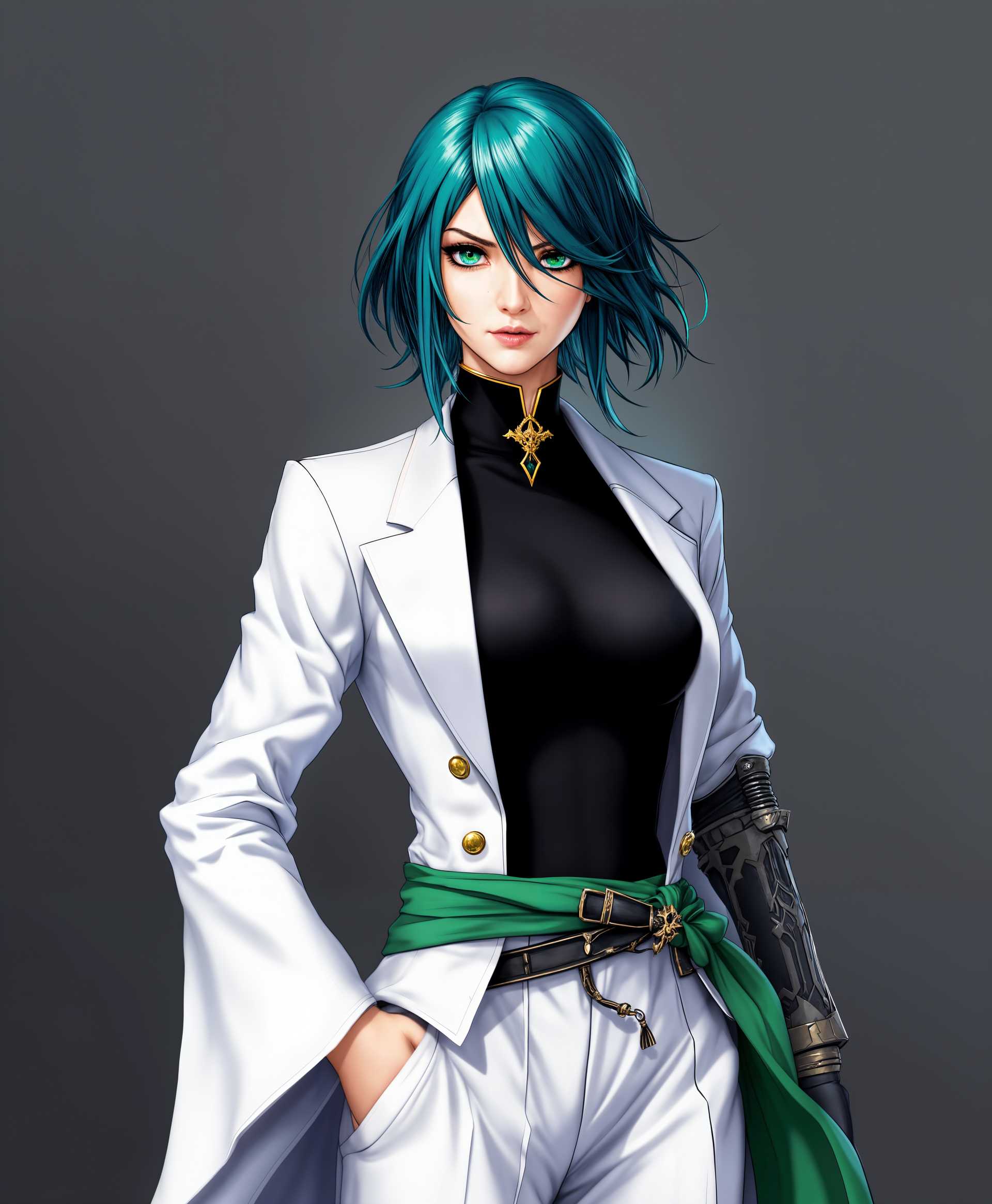 masterpiece, best quality, highres, sharp image, more detail, masterpiece, best quality, highres, sharp image, more detail, Create a high-definition image of Nelliel Tu Odelschwanck in her Espada form, showcasing her as a regal and formidable warrior. Here are the detailed specifications:

- **Character**: Nelliel Tu Odelschwanck, with her distinct teal hair styled in a short, layered bob with two long strands framing her face, and emerald green eyes that convey both wisdom and ferocity.
  
- **Costume**: Her attire should reflect her status as an Arrancar Espada, featuring a white jacket with a high collar, open to reveal a black, form-fitting top underneath. Include her white hakama pants, which taper at the ankles, and her distinctive green sash. Her Zanpakutō, Gamuza, should be visible, sheathed at her side with its unique design.

- **Visual Details**: 
  - **Texture**: The fabric of her jacket should appear smooth yet slightly reflective, contrasting with the soft, flowing texture of her hair and the rugged, battle-worn look of her Zanpakutō.
  - **Color Palette**: Dominate with whites and greens, accented by the black of her undergarments. Ensure the colors are vibrant, with a slight luminescence to give a supernatural feel.
  - **Lighting**: Use dramatic lighting to highlight her form, casting sharp shadows that emphasize her muscular build and the contours of her outfit. 

- **Style**: Employ a neo-futuristic anime style, with clean lines, exaggerated proportions, and a slight cel-shading effect to enhance the 3D depth while maintaining the 2D anime aesthetic.

- **Composition**: 
  - **Positioning**: Nelliel stands in a heroic pose, legs slightly apart, one hand on her Zanpakutō, the other raised with her mask fragment, which resembles a ram's horn, subtly glowing with green energy.
  - **Camera Angle**: Low angle shot to make her appear imposing and dominant.
  - **Framing**: Tight framing focusing on her upper body and face, with just enough room to see the hilt of her sword.

- **Mood and Atmosphere**: 
  - **Ambiance**: Convey a sense of calm power and readiness for battle. The background should be a subtle, blurred landscape, perhaps a desolate Hueco Mundo with swirling sands and a moonlit sky.
  - **Time of Day**: Twilight, with a blend of dusk and the rising moonlight, enhancing the mystical and ethereal quality of her appearance.

- **Technical Aspects**: 
  - **Focus**: Use depth