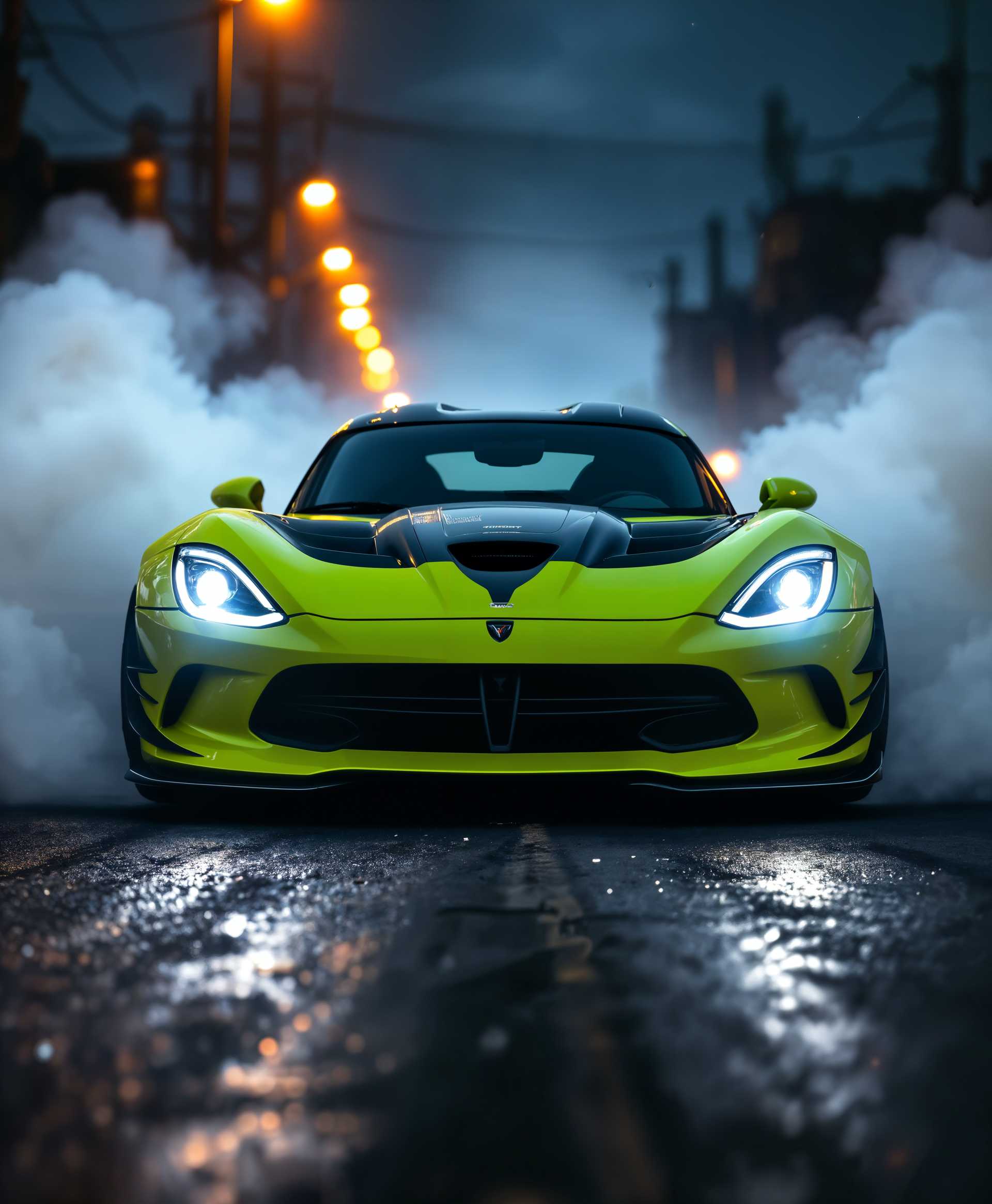 masterpiece, best quality, highres, sharp image, more detail, masterpiece, best quality, highres, sharp image, more detail, A dynamic and high-energy scene of a **lime green and dark grey Dodge Viper** aggressively heating its tires, preparing to accelerate towards the viewer. The **car** is captured from a **low angle perspective**, emphasizing its muscular form and the **vibrant contrast** between its metallic colors. **Tires are obscured by a cloud of smoke**, with **rubber fragments** visibly flying off, adding to the sense of motion and intensity. The **background** features a **blurred, industrial setting** with **dusk lighting**, where the **orange glow of streetlights** creates a stark contrast against the cool tones of the car, enhancing the **moody atmosphere**. The **lens flare** from the headlights pierces through the **foggy, smoky air**, highlighting the **performance-oriented design** of the vehicle. The **composition** is **symmetrical**, with the Viper centered, its **front grille and emblem** clearly visible, exuding an aura of **power and readiness**. **Street photography style** with **motion blur** adds to the **visual narrative** of speed and anticipation, with **shadows and highlights** accentuating the **dramatic lighting** of this **high-octane moment**.