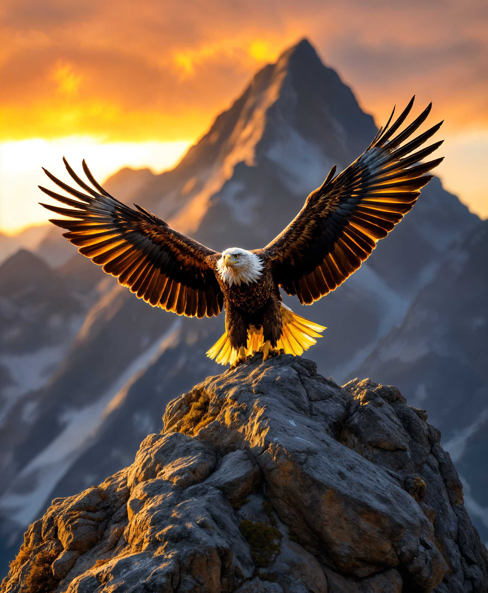 masterpiece, best quality, highres, sharp image, more detail, masterpiece, best quality, highres, sharp image, more detail, A majestic golden eagle, its wings spread wide, is captured in the moment of landing atop a rugged mountain peak. **Visual Details:** The eagle's feathers glisten with a golden hue under the soft, golden light of sunset. The texture of the feathers is visible, showing fine details like the barbs and barbules. The mountain's rocky surface is weathered, with patches of moss and lichen adding color and texture contrast. **Style:** The image should evoke the style of wildlife photography, with a focus on natural beauty and the raw power of nature, reminiscent of Ansel Adams' landscape work but with a dynamic subject. **Composition:** The eagle is centered, dominating the frame, with the mountain peak jutting sharply into the sky, creating a dramatic silhouette against the backdrop of a fiery sunset. The camera angle is slightly below the eagle, looking up to emphasize its grandeur. **Mood and Atmosphere:** The atmosphere is serene yet charged with the tension of the eagle's descent. The time of day is dusk, with long shadows cast by the mountain, and the sky transitioning from deep blues to fiery oranges and reds. **Technical Aspects:** Use a shallow depth of field to blur the background, focusing sharply on the eagle. The lighting should be soft, with a high dynamic range to capture the details in both the dark feathers and the bright sky. **Cohesion:** This scene combines the natural elements of the mountain environment with the majestic presence of the eagle, creating a harmonious and awe-inspiring visual narrative of nature's majesty.