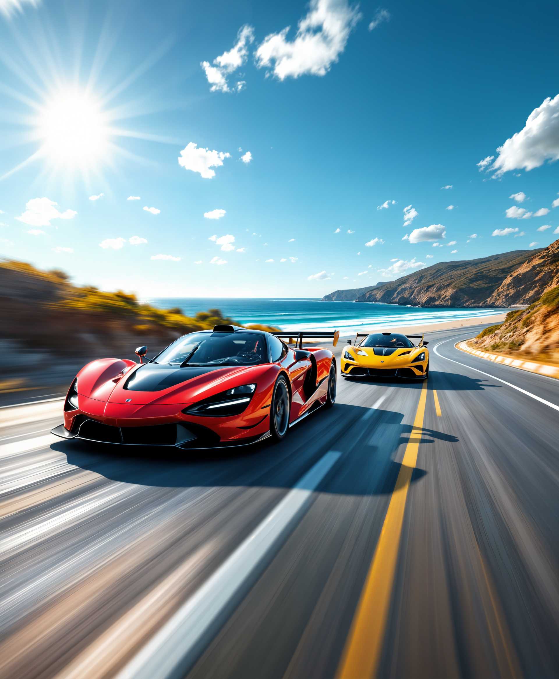 masterpiece, best quality, highres, sharp image, more detail, masterpiece, best quality, highres, sharp image, more detail, Dynamic racing sports cars speeding along a coastal road near a serene beach, **Visual Details**: The cars should exhibit sleek, aerodynamic designs with vibrant, glossy paint jobs reflecting the sunlight, chrome details, and visible speed blur effects. **Colors**: A palette dominated by bright reds, blues, and yellows against the natural hues of the beach environment. **Lighting**: Midday sun casting sharp, dramatic shadows, with the light reflecting off the water and the cars. **Style**: Hyper-realistic with a touch of cinematic flair, capturing the motion blur of the vehicles. **Composition**: Wide-angle shot from a low vantage point to emphasize speed, with the road curving along the beach, the cars filling the foreground, and the ocean and sky in the background. **Mood and Atmosphere**: Exhilarating and energetic, the scene exudes speed, freedom, and the thrill of racing, with the tranquil beach providing a stark contrast to the high-octane action. **Technical Aspects**: High dynamic range imaging (HDR) to capture the full range of light, motion blur to indicate speed, and depth of field to focus on the cars while keeping the background slightly blurred. **Cohesion**: The scene integrates the adrenaline of racing with the calming beauty of the beach, creating a harmonious blend of nature and human innovation.