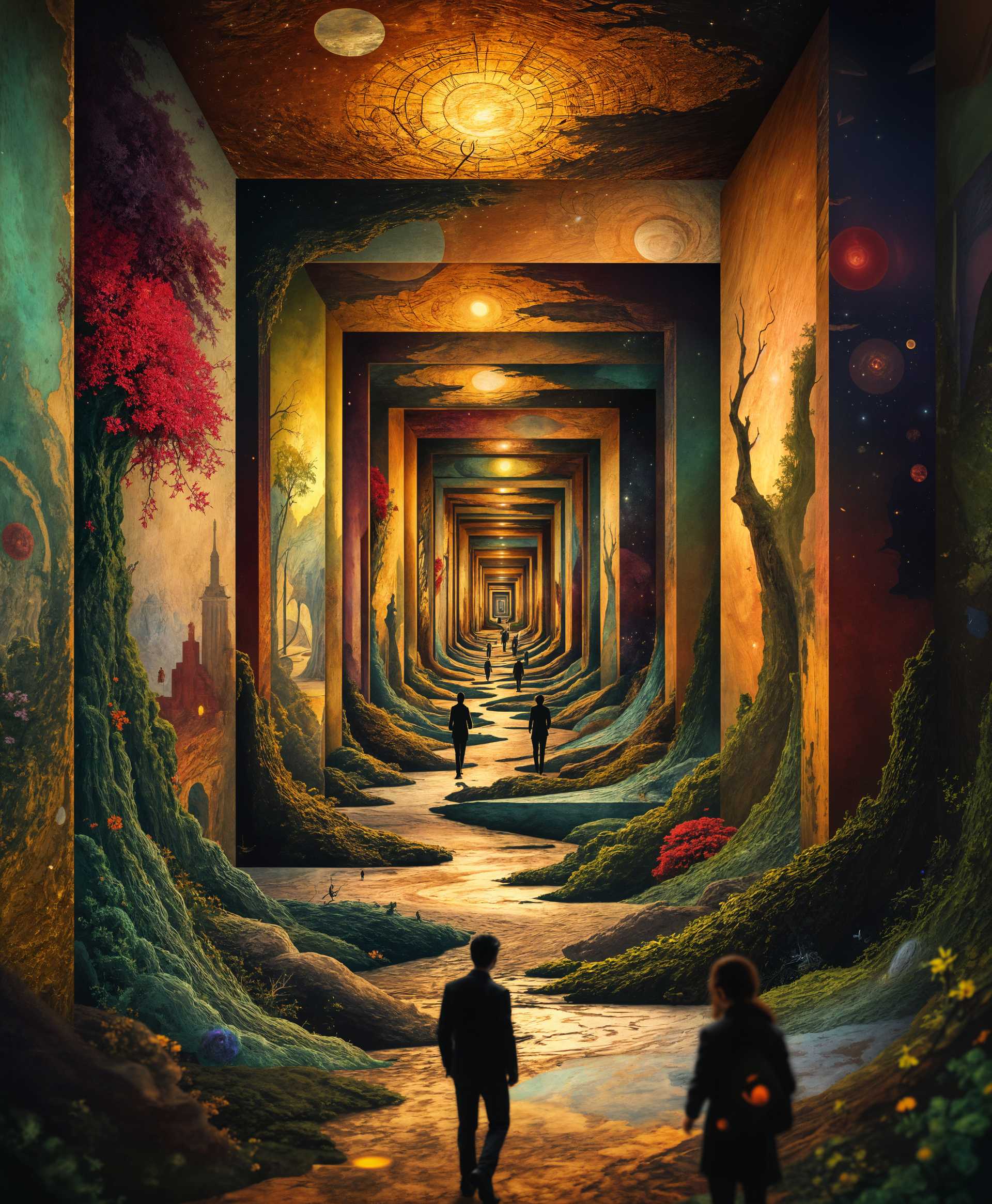 masterpiece, best quality, highres, sharp image, more detail, masterpiece, best quality, highres, sharp image, more detail, Create an **abstract surreal digital art piece** depicting an **endless loop of images**, where each image within another image unfolds a new layer of narrative detail:

- **Subject**: An array of images, each one a portal into a smaller, yet equally detailed image.
  
- **Visual Details**:
  - **Texture**: Each image should have a canvas-like texture, suggesting they are both part of a grander painting and a portal to another dimension.
  - **Colors**: Employ a dynamic color scheme that shifts from vibrant and vivid in the outer layers to more muted, sepia-toned details as the viewer zooms in, suggesting a journey through time or memory.
  - **Lighting**: Use chiaroscuro lighting to highlight the transition between images, creating depth and mystery.
  
- **Style**: 
  - **Artistic Movement**: Inspired by the surrealism of Salvador Dalí and the detailed miniatures of Hieronymus Bosch, with elements of digital fractal art.
  - **Photography Technique**: Utilize a tilt-shift effect to give a miniature-like appearance to each layer of images, enhancing the surreal, dreamlike quality.

- **Composition**: 
  - **Layout**: The images should spiral inward, creating an optical illusion of infinite recursion.
  - **Camera Angle**: A top-down view, with the camera positioned as if looking down a well, emphasizing the endless descent into detail.
  - **Framing**: Frame the images within ornate, baroque frames, which themselves become part of the narrative as they appear within the images.

- **Mood and Atmosphere**: 
  - **Feeling**: Evoke a sense of wonder, curiosity, and the uncanny. The viewer should feel like they are on the verge of understanding a profound mystery.
  - **Time of Day**: Twilight or dawn, to suggest the liminal space between realities.
  - **Weather**: A slight haze or mist, to obscure and reveal details as the viewer zooms in.

- **Technical Aspects**: 
  - **Depth of Field**: Use a shallow depth of field to focus on the current layer of detail, while the layers beyond are slightly blurred, drawing the viewer into the image.
  - **Focus**: As the viewer zooms in, the focus shifts, maintaining clarity on the new narrative elements revealed.

- **Cohesion**: 
  - Ensure that each image within an image tells a part of the same overarching story, with recurring themes or characters that guide the viewer through the endless loop. The narrative should be coherent yet open to