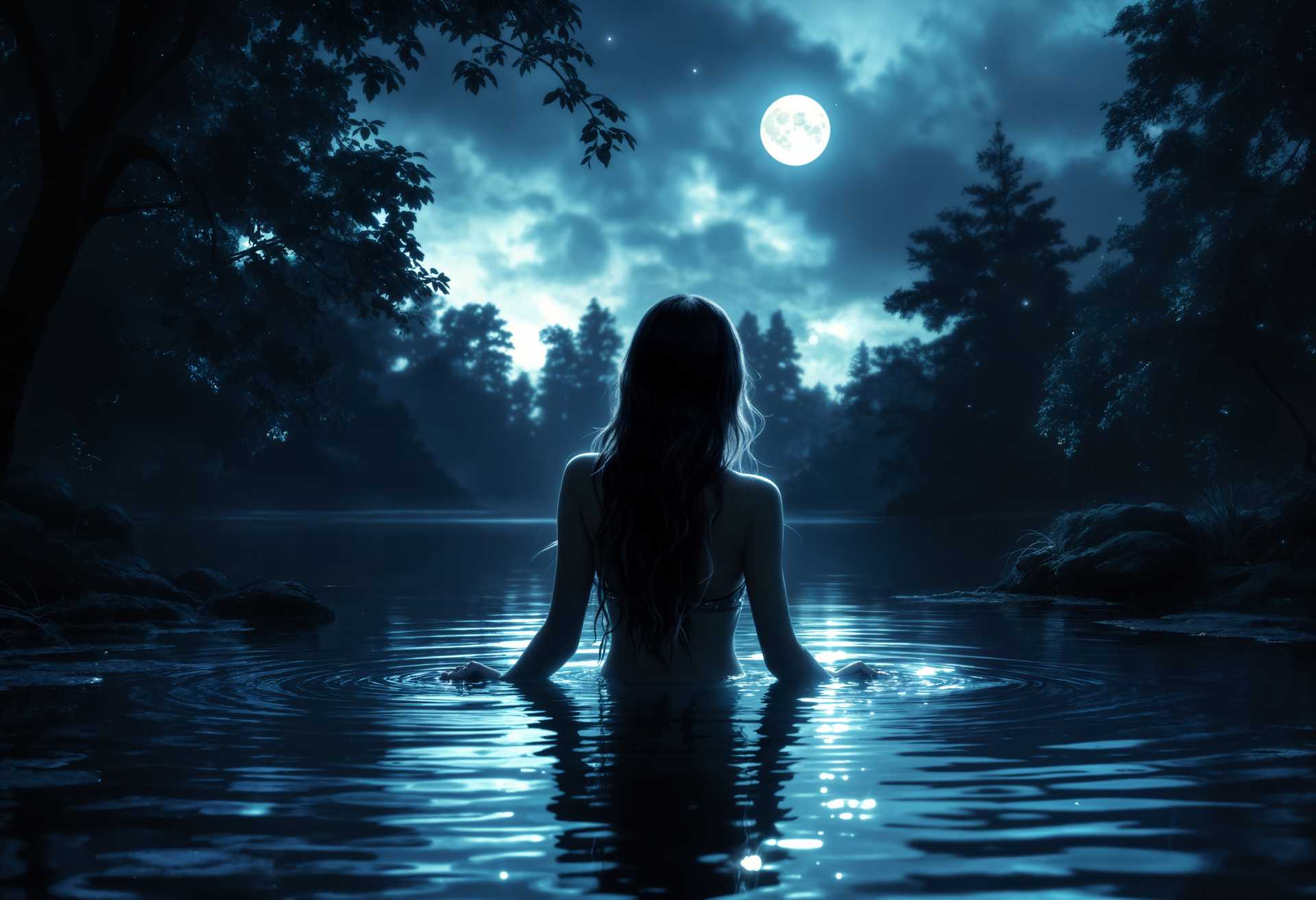 masterpiece, best quality, highres, sharp image, more detail, masterpiece, best quality, highres, sharp image, more detail, **Prompt for Image Generation:**

Imagine a serene night scene where the sky above blends seamlessly into the still, reflective waters of a pond. The pond, nestled amidst a dense forest of towering trees, captures the ethereal glow of the full moon, creating a silver path across the water.

**Visual Details:**
- The pond's surface mirrors the sky, with gentle ripples from the woman's swimming creating a soft, shimmering effect.
- The trees around the pond have dark foliage with hints of moonlight filtering through, casting dappled shadows on the water.
- The woman has long, black hair with blonde highlights that catch the moonlight, giving her an almost otherworldly glow.
- She wears a beautifully designed, shimmery bikini in shades of silver and blue, complementing the moonlit setting.

**Style:**
- Capture this scene in the style of a romantic, dreamy realism with a touch of impressionism, reminiscent of the works of John William Waterhouse, focusing on the interplay of light and shadow.

**Composition:**
- The camera angle is from above, looking down into the pond, providing a view of both the sky and the water, with the woman slightly off-center to the right, creating a dynamic balance.
- The moon is positioned high in the sky, directly illuminating the center of the pond where the woman floats.

**Mood and Atmosphere:**
- The atmosphere is tranquil and enchanting, with a subtle sense of magic. The moon casts a soft, silvery light, and the forest whispers with the rustle of leaves, adding to the serene ambiance.
- The time is late night, with a clear sky, and a gentle, almost imperceptible breeze.

**Technical Aspects:**
- Utilize a shallow depth of field to focus on the woman and the moonlit water, with the surrounding trees softly blurred to enhance the focus on the pond's reflection.
- Employ a wide-angle lens to capture the vastness of the scene while emphasizing the intimacy of the moment.

**Cohesion:**
- All elements converge to create a scene that feels both realistic and fantastical, where the natural beauty of the environment enhances the ethereal presence of the woman, blending fantasy with the tangible world.