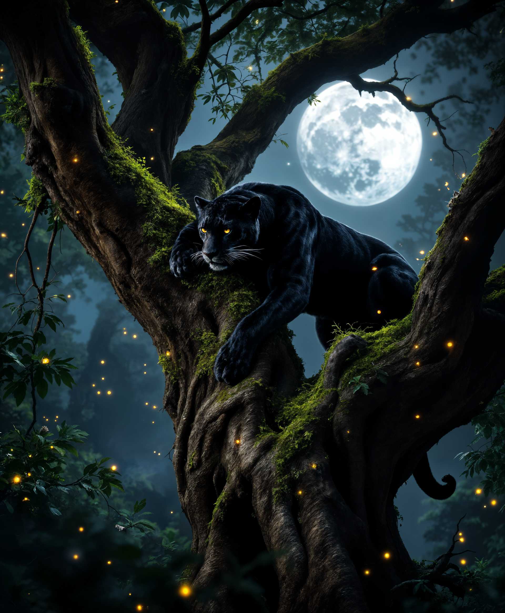 masterpiece, best quality, highres, sharp image, more detail, masterpiece, best quality, highres, sharp image, more detail, A black jaguar, sleek and muscular, **drapes** languidly across the **gnarled branches** of a **tall, ancient tree**. The **dark fur** contrasts with the **silver moonlight** filtering through the **dense canopy**. The scene is set at **nightfall**:

- **Visual Details**: The jaguar's fur has a **shimmering, almost iridescent quality** under the moon's glow, with each strand seeming to catch the light. The tree is **moss-covered** with **twisting roots** that **snake along the forest floor**. Fireflies flicker sporadically, adding **soft, golden sparkles** to the scene.

- **Style**: This image captures the essence of **hyper-realistic wildlife photography**, with a **vignette effect** to focus on the subject, reminiscent of **Steve McCurry's** intimate portraits.

- **Composition**: The camera is positioned at **eye level** with the jaguar, looking slightly up to emphasize its **elegant pose** atop the tree. The **rule of thirds** is employed, with the jaguar occupying the right third, looking towards the left for a dynamic balance.

- **Mood and Atmosphere**: The **hushed tranquility** of the night forest is palpable. The **silence** is almost audible, with only the **gentle rustling** of leaves in the **cool night breeze**. The **moonlight** casts **long, deep shadows** and **highlights** the jaguar's **sinewy form**.

- **Technical Aspects**: Use a **long exposure** to capture the **starry sky** above the canopy, with **bokeh** effects from the fireflies. The **depth of field** is shallow, focusing on the jaguar while allowing the background to blur into **impressionistic shapes**.

- **Cohesion**: The scene is a **harmonious blend** of **wildlife**, **nature**, and **nocturnal serenity**, creating an **ethereal**, almost **mystical** atmosphere that invites the viewer to step into a **hidden world** where predators rest in peace.