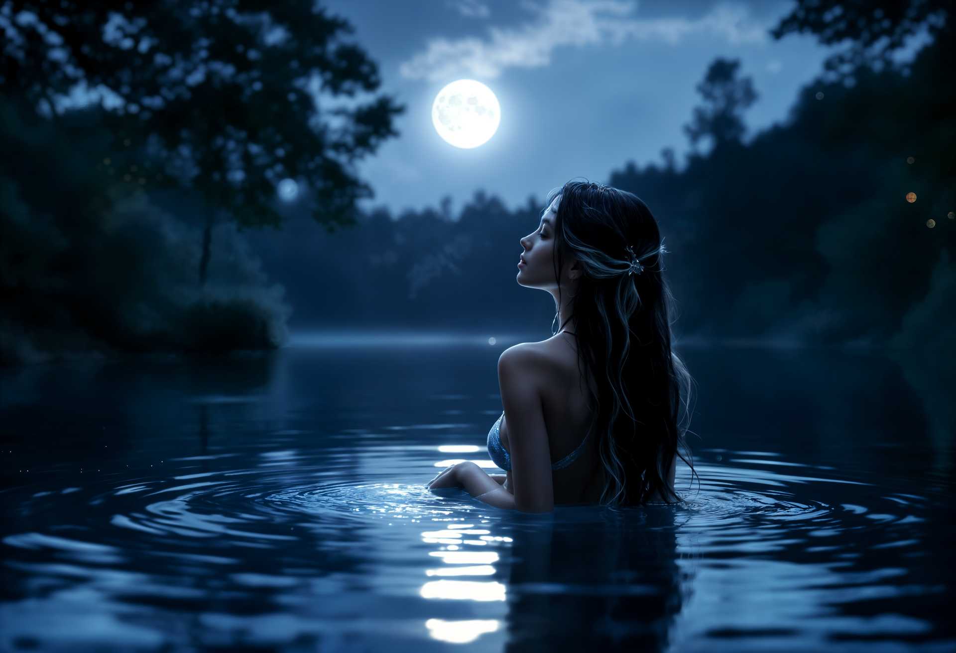 masterpiece, best quality, highres, sharp image, more detail, masterpiece, best quality, highres, sharp image, more detail, **Prompt for Image Generation:**

Imagine a serene night scene where the sky above blends seamlessly into the still, reflective waters of a pond. The pond, nestled amidst a dense forest of towering trees, captures the ethereal glow of the full moon, creating a silver path across the water.

**Visual Details:**
- The pond's surface mirrors the sky, with gentle ripples from the woman's swimming creating a soft, shimmering effect.
- The trees around the pond have dark foliage with hints of moonlight filtering through, casting dappled shadows on the water.
- The woman has long, black hair with blonde highlights that catch the moonlight, giving her an almost otherworldly glow.
- She wears a beautifully designed, shimmery bikini in shades of silver and blue, complementing the moonlit setting.

**Style:**
- Capture this scene in the style of a romantic, dreamy realism with a touch of impressionism, reminiscent of the works of John William Waterhouse, focusing on the interplay of light and shadow.

**Composition:**
- The camera angle is from above, looking down into the pond, providing a view of both the sky and the water, with the woman slightly off-center to the right, creating a dynamic balance.
- The moon is positioned high in the sky, directly illuminating the center of the pond where the woman floats.

**Mood and Atmosphere:**
- The atmosphere is tranquil and enchanting, with a subtle sense of magic. The moon casts a soft, silvery light, and the forest whispers with the rustle of leaves, adding to the serene ambiance.
- The time is late night, with a clear sky, and a gentle, almost imperceptible breeze.

**Technical Aspects:**
- Utilize a shallow depth of field to focus on the woman and the moonlit water, with the surrounding trees softly blurred to enhance the focus on the pond's reflection.
- Employ a wide-angle lens to capture the vastness of the scene while emphasizing the intimacy of the moment.

**Cohesion:**
- All elements converge to create a scene that feels both realistic and fantastical, where the natural beauty of the environment enhances the ethereal presence of the woman, blending fantasy with the tangible world.