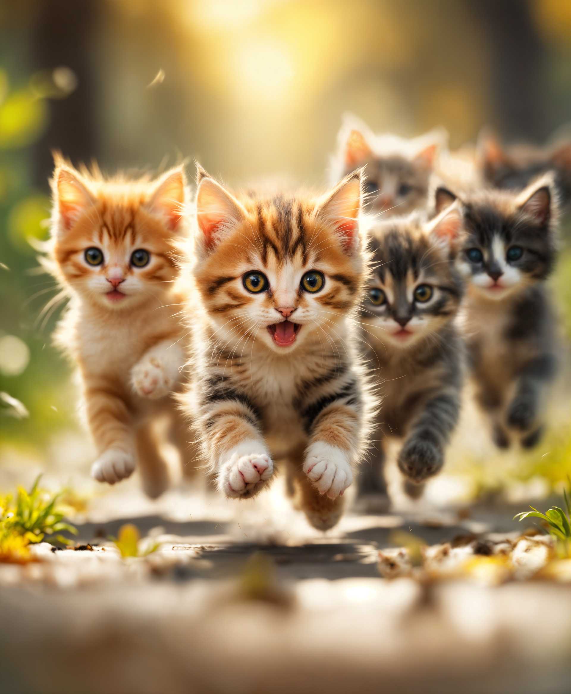 masterpiece, best quality, highres, sharp image, more detail, masterpiece, best quality, highres, sharp image, more detail, A dynamic scene featuring a group of **kittens** in mid-stride, energetically **running towards the viewer**:

- **Visual Details**: Each kitten has **fluffy fur** in various shades of orange, grey, black, and white, with distinct **texture** that captures their youthful playfulness. Their eyes are wide, **sparkling with excitement**, and their tiny paws are slightly blurred to emphasize motion.

- **Style**: Capture this moment in a **hyper-realistic** style, with a focus on **fine details** like the individual hairs on their fur, the gleam in their eyes, and the slight blur of movement.

- **Composition**: The kittens are **spread across the foreground**, creating a **V-shaped formation** as they converge on the viewer. The camera angle is **slightly low** to emphasize the kittens' size and the dynamism of their approach.

- **Mood and Atmosphere**: The mood is **playful and joyful**, with a **soft, natural light** filtering through an unseen window, casting gentle shadows and highlights that accentuate their movements. 

- **Technical Aspects**: Utilize **shallow depth of field** to keep the kittens in sharp focus while blurring the background, which could include a **cozy, sunlit room** or a **soft-focus garden**. Employ **motion blur** to convey speed and energy, with **bokeh** effect in the background for depth.

- **Cohesion**: The scene should feel **spontaneous and natural**, with each kitten's personality shining through their expressions and movements, creating a heartwarming, **inviting atmosphere** that draws the viewer into the moment.