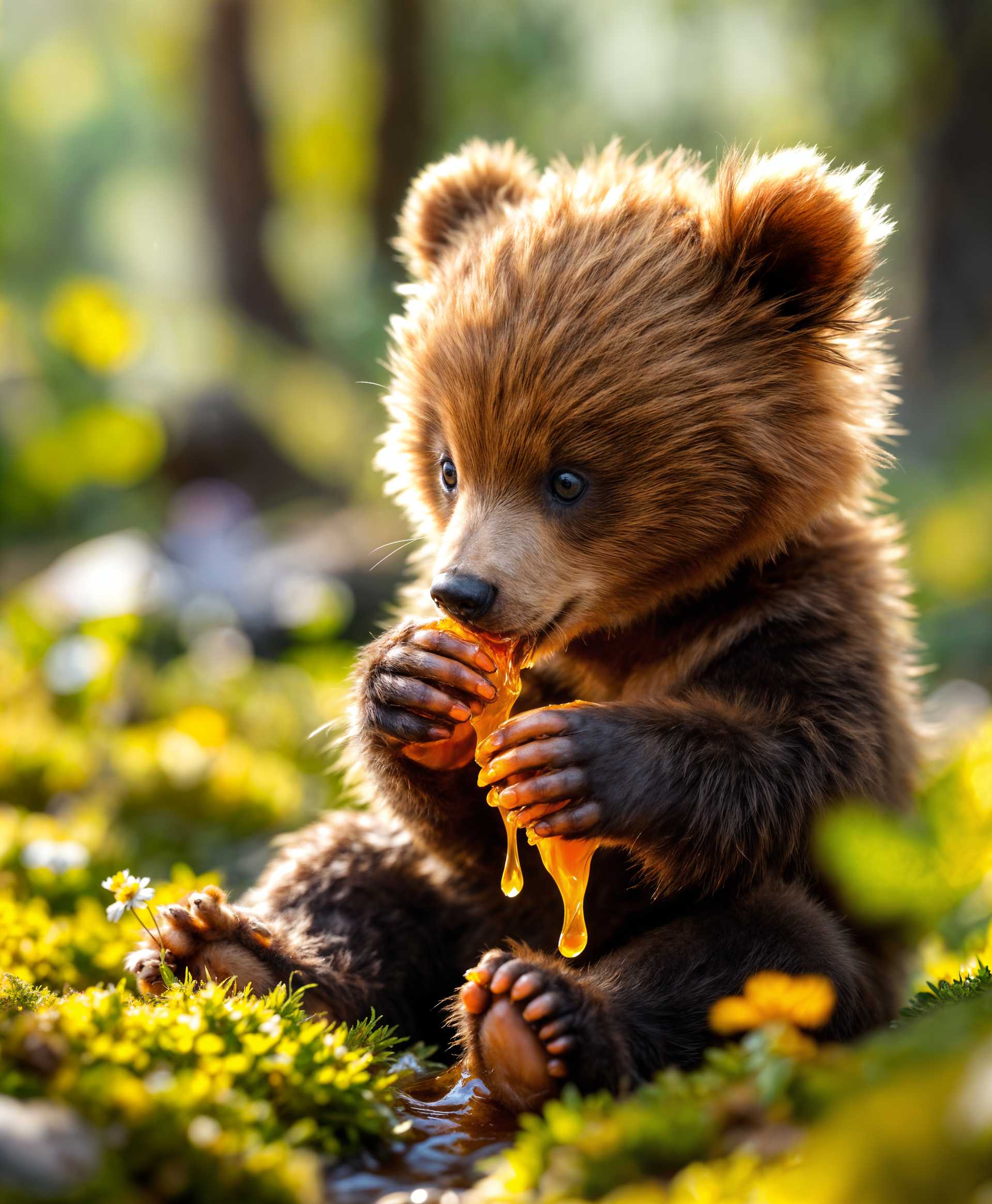 masterpiece, best quality, highres, sharp image, more detail, masterpiece, best quality, highres, sharp image, more detail, A **close-up shot** of a **fluffy, brown bear cub** sitting on a **mossy forest floor** surrounded by **wildflowers and dappled sunlight**. The cub is **licking honey** from its **sticky paws**, with **honey dripping** down its **fur**. The image captures the **texture of the bear's fur**, the **glistening amber color of the honey**, and the **intricate detail of the forest environment**. The **mood** is **serene and playful**, with a **soft, natural light** filtering through the trees, creating **warm highlights** and **gentle shadows**. The **composition** focuses on the cub, with a **shallow depth of field** that blurs the background, emphasizing the **cute, innocent action**. The **artistic style** leans towards **wildlife photography**, with **fine details** in the **fur**, **paws**, and **honey**, capturing the **natural beauty** and **intimacy** of the moment.