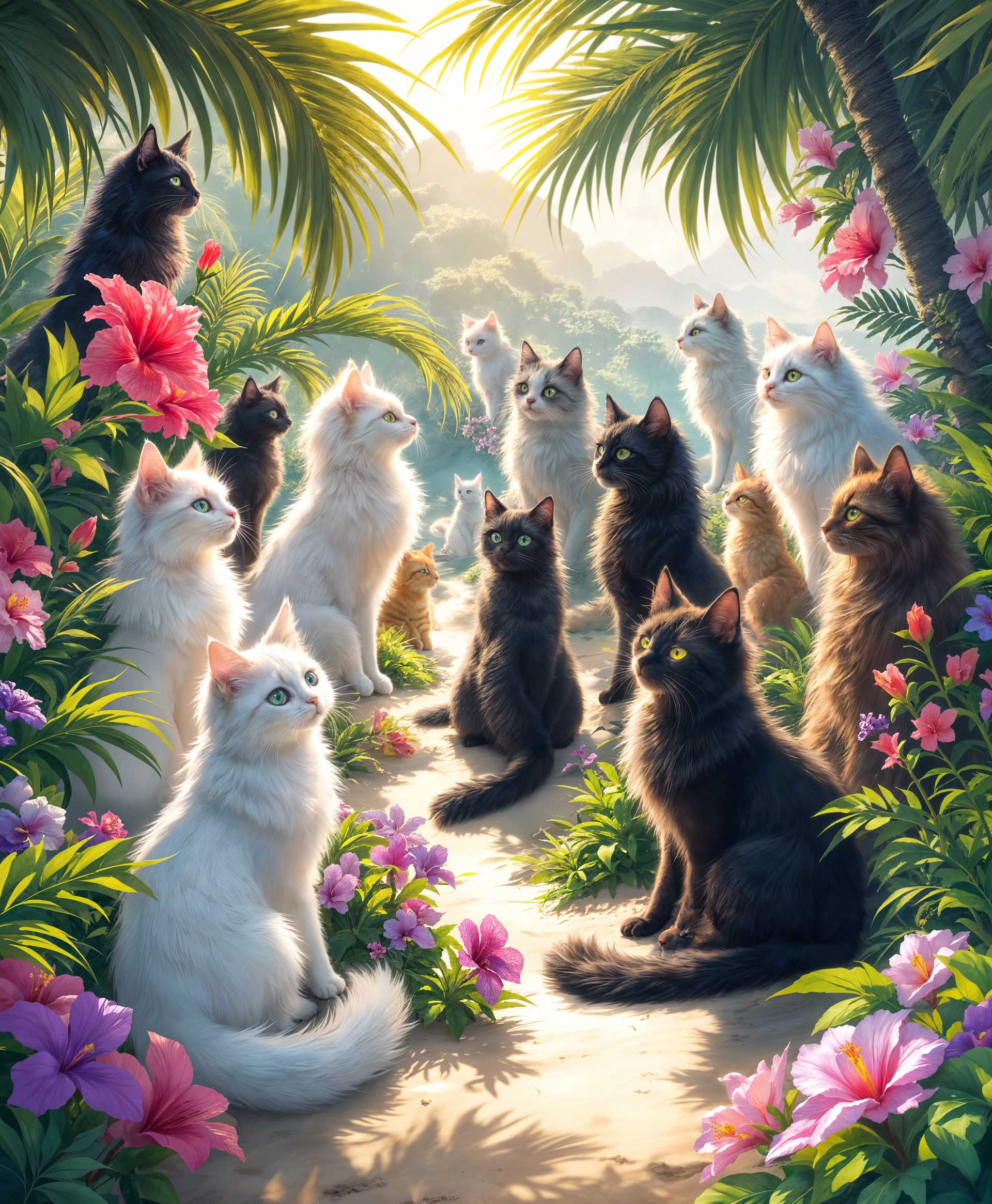 masterpiece, best quality, highres, sharp image, more detail, masterpiece, best quality, highres, sharp image, more detail, Create an enchanting **digital art** scene depicting a serene, sun-drenched island populated entirely by **anthropomorphic female cat creatures**. These cat women should exhibit a variety of fur colors, from snowy white to midnight black, and display distinct feline features like pointed ears, whiskers, and tails. 

**Visual Details:** 
- The island is lush with tropical vegetation, featuring palm trees with rustling leaves, vibrant flowers in shades of hibiscus red, orchid purple, and frangipani yellow, and a soft sandy beach with gentle waves lapping at the shore. 
- Each cat woman's fur texture should be meticulously detailed, showcasing the sleekness of short-haired cats to the fluffy richness of long-haired breeds.
- Their eyes should shimmer with a captivating glow, ranging from emerald green to sapphire blue.

**Style:** 
- Embrace a **whimsical fantasy** style reminiscent of modern fantasy illustrators like Yoshitaka Amano, with a touch of Studio Ghibli's organic beauty and fluidity.

**Composition:** 
- Position the cat women in various activities: some lounging in hammocks, others playing musical instruments made from natural materials, and a few engaged in a playful dance on the beach.
- The camera angle should be low to the ground to emphasize the island's vastness and the cat women's integration with their environment, creating a sense of depth and scale.

**Mood and Atmosphere:** 
- Capture the essence of a peaceful, balmy afternoon with the sun casting long shadows and golden light filtering through the leaves, evoking a sense of calm and timelessness.
- The atmosphere should be filled with the subtle sounds of nature, laughter, and the gentle strumming of stringed instruments.

**Technical Aspects:** 
- Utilize **hyper-realistic rendering** for the textures and details of the cat women's fur, skin, and clothing, which should be made from natural elements like leaves, shells, and woven fibers.
- Employ **soft focus** for background elements to contrast with the sharp detail of the foreground characters, creating a dreamlike quality.
- Apply **dynamic lighting** to enhance the mood, with the sun's position creating dramatic highlights and soft shadows.

**Cohesion:** 
- Ensure that every element, from the flora to the fauna, the architecture of natural shelters to the attire of the cat women, harmoniously contributes to an immersive, believable world where these feline inhabitants thrive in harmony with their environment.