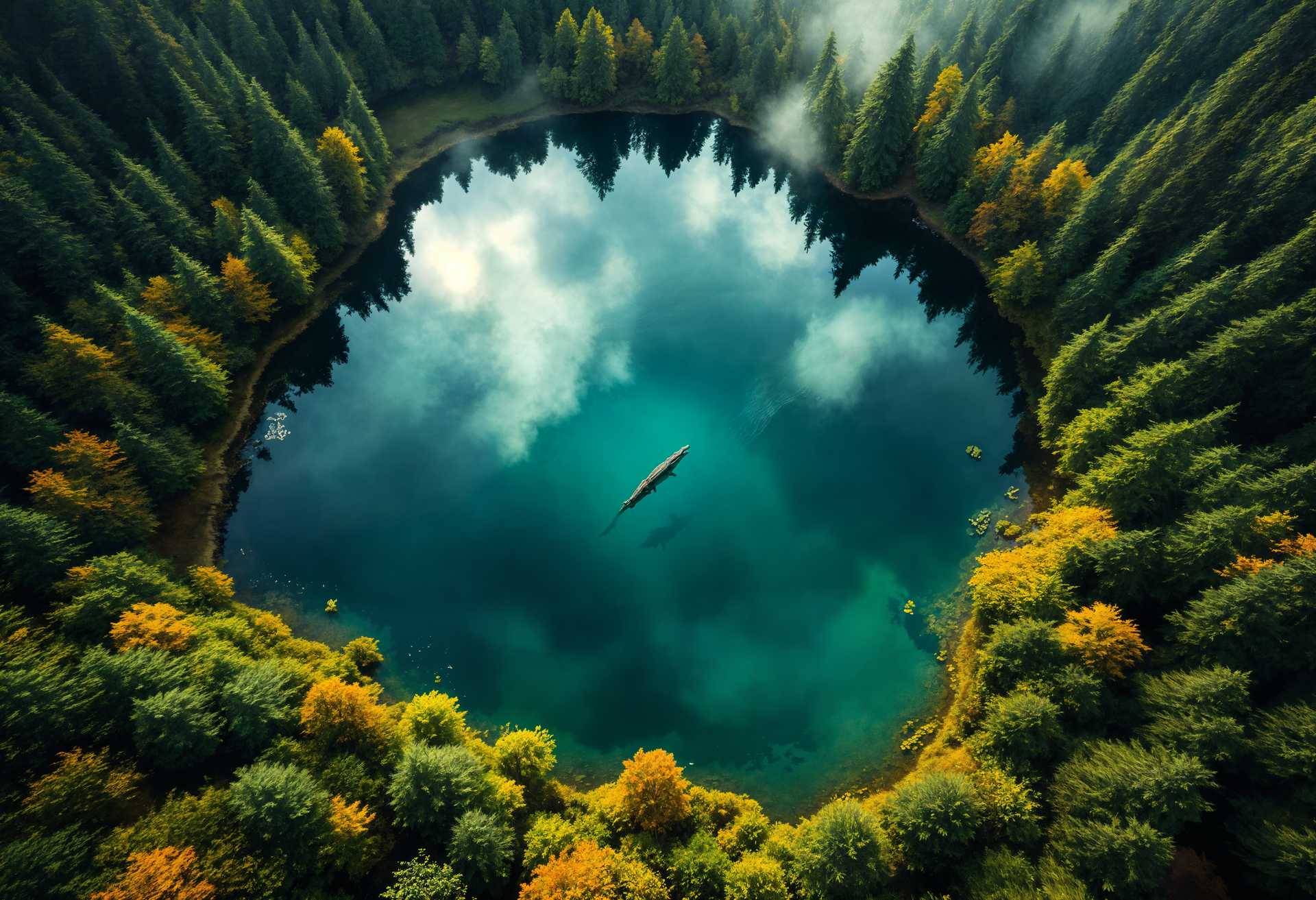 masterpiece, best quality, highres, sharp image, more detail, masterpiece, best quality, highres, sharp image, more detail, A top-down aerial perspective of a serene mountain lake, nestled amidst a dense, lush forest. The lake's surface reflects the sky above, creating a mirror-like effect, with subtle ripples from the movement of a **crocodile** swimming near the center. The water should have a deep, emerald hue, with lighter shades around the edges where the sunlight kisses the surface. The surrounding forest features a rich tapestry of greens, with the occasional splash of autumnal colors. 

- **Style**: Photorealistic, with a touch of painterly texture to soften the realism, reminiscent of a National Geographic aerial shot.
- **Composition**: The lake is the focal point, positioned centrally but slightly offset to allow for the forest to frame it. The crocodile's path creates a dynamic line within the composition.
- **Mood**: Peaceful yet with an element of wild nature's unpredictability, captured in the early morning light with the mist just lifting from the water.
- **Atmosphere**: Crisp, cool mountain air, the light of dawn casting long shadows over the lake, with soft mist or fog lingering in parts of the forest.
- **Technical Aspects**: Use a wide-angle lens to capture the expansive view, with a high shutter speed to freeze the movement of the crocodile in the water, ensuring sharp details on the forest canopy and the water's surface.