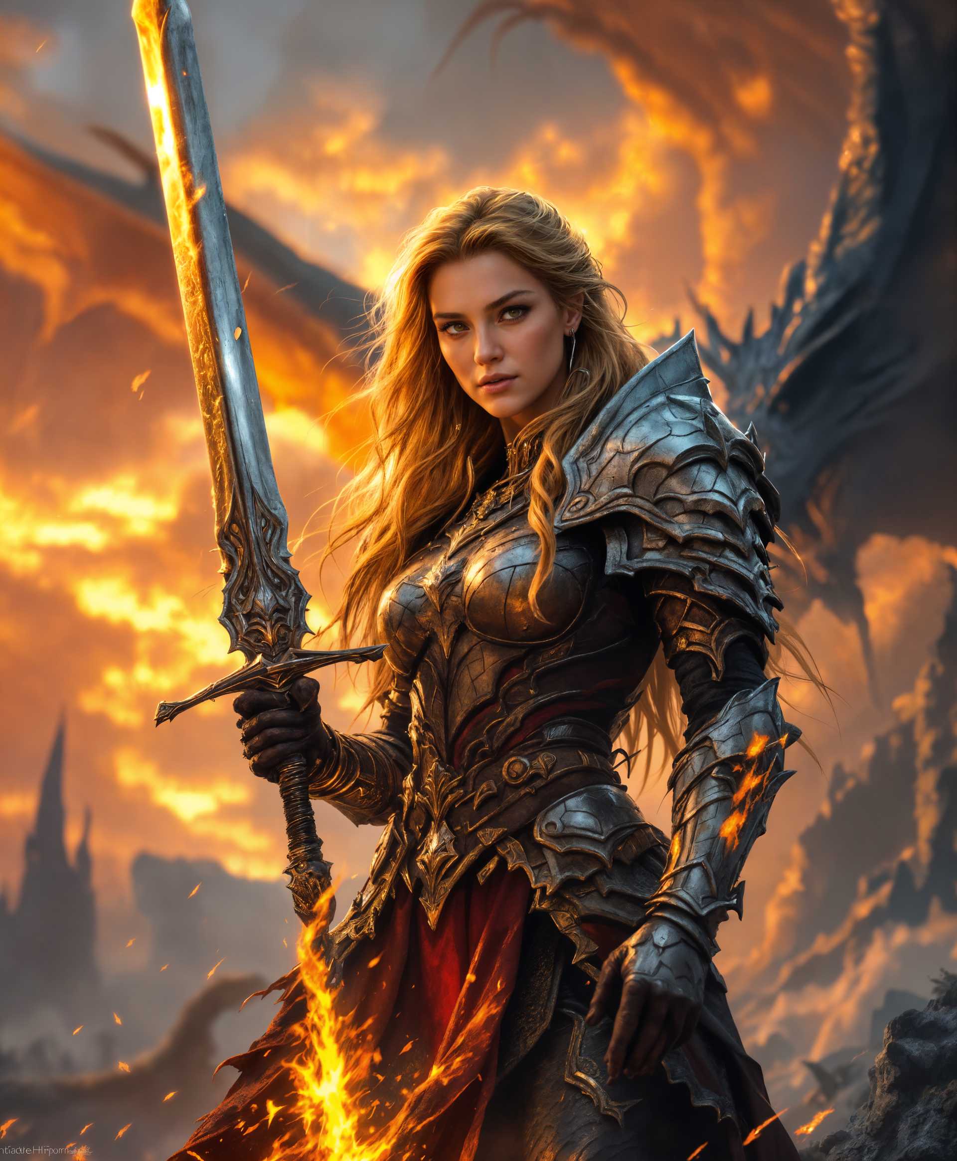 masterpiece, best quality, highres, sharp image, more detail, masterpiece, best quality, highres, sharp image, more detail, **Prompt:**

In a **fantasy setting** at **dusk**, under an **orange sky** with **dramatic clouds**, there stands a **legendary dragon warrior**. She is **slaying a dragon** with **fiery breath**, her **sword** reflecting the flames, and her **eyes** glowing with **determination**. 

**Visual Details:**
- **Armor:** She wears **intricate, battle-worn armor** that **shimmers** with **scales** reminiscent of **dragon hide**, with **silver and gold accents** highlighting her **heroic status**.
- **Face:** Her **face**, framed by **long, flowing hair**, captures the **essence of beauty and strength**, with **high cheekbones** and **piercing eyes** that **radiate** with **confidence**.
- **Body:** Her **body** is **muscular yet gracefully feminine**, **battle scars** tell tales of her **victories**.
- **Lighting:** The scene is **backlit by the setting sun**, casting **long shadows** and **highlighting her silhouette** against the **flames**.

**Style:**
- The **artistic style** evokes **epic fantasy art** with **elements of Renaissance painting**, focusing on **realistic detail** and **heroic portrayal** similar to **Boris Vallejo** and **Frank Frazetta**.

**Composition:**
- She is **centered in the frame**, with the **dragon's body** coiling around her, creating a **dynamic balance**. The **camera angle** is **slightly low**, looking up to emphasize her **heroic stature** and **dominance**.

**Mood and Atmosphere:**
- The **mood** is **intense and triumphant**, with the **atmosphere** filled with **tension** and **the scent of battle**, yet there's an **underlying awe** at her **beauty** and **power**.

**Technical Aspects:**
- Use **high dynamic range** (HDR) to capture the **contrast** between the **flames** and **dusk**, employing **chiaroscuro** for dramatic lighting effects. **Depth of field** should be **shallow** to focus on her, with the **background slightly blurred** to emphasize her **presence**.

**Cohesion:**
- The **scene** blends **fantasy elements** with **realistic portrayal** to create a **believable yet mythical** environment where **her strength** and **beauty** are **equally celebrated**.