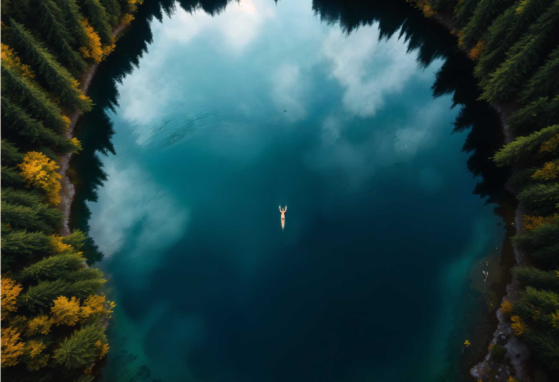 masterpiece, best quality, highres, sharp image, more detail, masterpiece, best quality, highres, sharp image, more detail, A top-down aerial perspective of a serene mountain lake, nestled amidst a dense, lush forest. The lake's surface reflects the sky above, creating a mirror-like effect, with subtle ripples from the movement of a **crocodile** swimming near the center. The water should have a deep, emerald hue, with lighter shades around the edges where the sunlight kisses the surface. The surrounding forest features a rich tapestry of greens, with the occasional splash of autumnal colors. 

- **Style**: Photorealistic, with a touch of painterly texture to soften the realism, reminiscent of a National Geographic aerial shot.
- **Composition**: The lake is the focal point, positioned centrally but slightly offset to allow for the forest to frame it. The crocodile's path creates a dynamic line within the composition.
- **Mood**: Peaceful yet with an element of wild nature's unpredictability, captured in the early morning light with the mist just lifting from the water.
- **Atmosphere**: Crisp, cool mountain air, the light of dawn casting long shadows over the lake, with soft mist or fog lingering in parts of the forest.
- **Technical Aspects**: Use a wide-angle lens to capture the expansive view, with a high shutter speed to freeze the movement of the crocodile in the water, ensuring sharp details on the forest canopy and the water's surface.