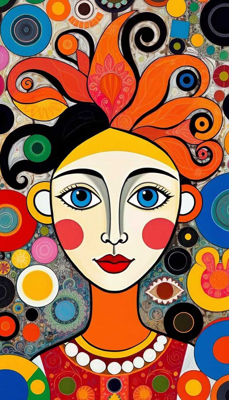 an abstract art piece that appears to be a portrait of a woman's face. The face is made up of various colors and shapes, including red, yellow, green, blue, and black. The woman's eyes are large and blue, with a red iris in the center. Her hair is styled in a messy, abstract manner, with swirls and curves. The background is filled with various shapes and patterns, including circles, squares, and rectangles. The overall style of the image is chaotic and chaotic, with bright colors and bold lines.
