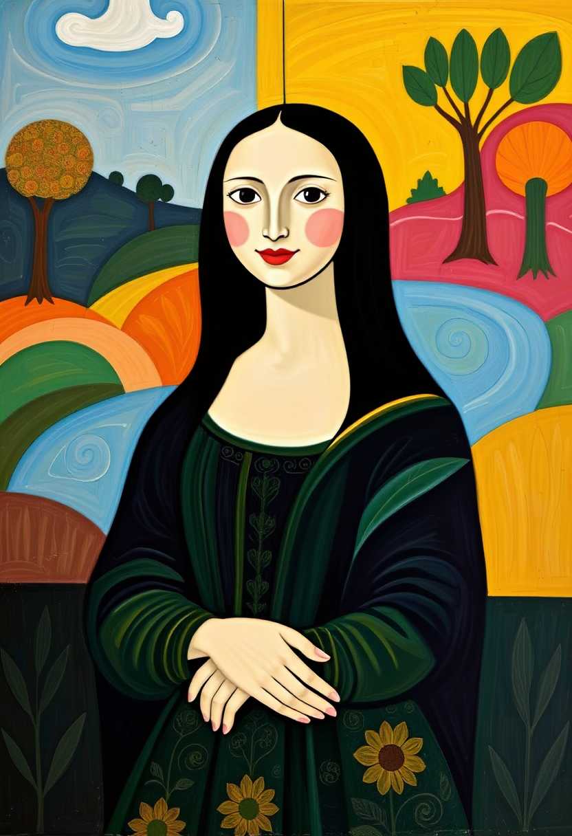 Whimsical Mona Lisa in a Vibrant Landscape