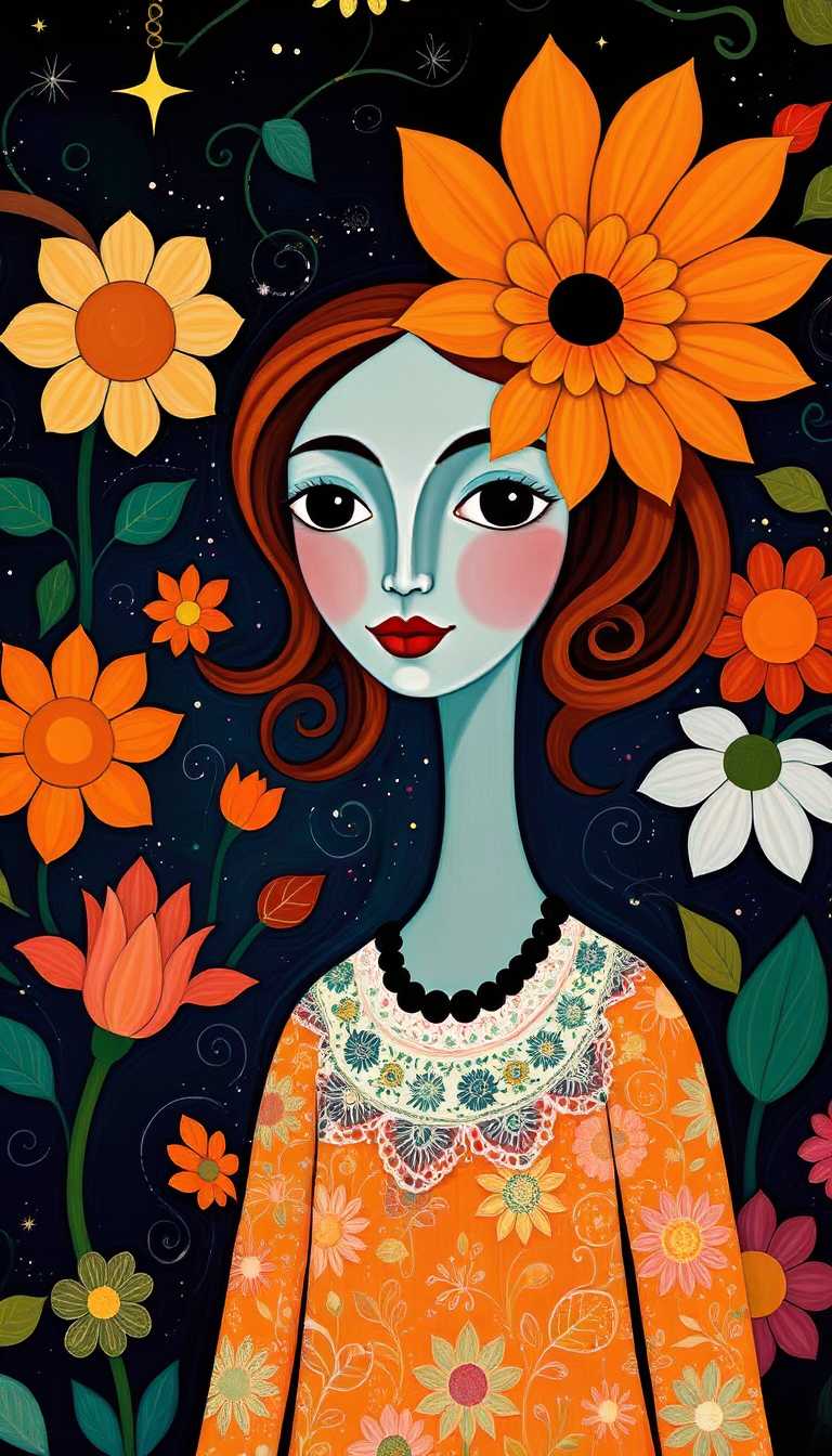 This image is a stylized and colorful illustration of a female figure. The art style is whimsical and fantastical, with a touch of surrealism. The medium appears to be digital painting, given the smooth blending of colors and the lack of texture that might be present in traditional mediums like oil or watercolor.The colors in the image are vibrant and rich, with a predominance of warm tones. The figure is adorned in an orange dress with a floral pattern, which stands out against the dark background. The dress has a white lace collar with a floral design and a black beaded necklace. The figures hair is auburn with a gradient of colors, and it is styled in loose waves. She wears a large, ornate flower in her hair, which is a mix of orange and teal, with a black center.The background is a starry night sky, filled with twinkling stars and swirling patterns that resemble vines or tendrils. These patterns are also in a mix of warm and cool colors, creating a contrast with the figures warmtoned dress. The flowers in the background are a variety of shapes and sizes, with a mix of orange, pink, white, and blue hues, and they are also adorned with black centers.Overall, the image exudes a sense of enchantment and fantasy, with its rich colors, detailed patterns, and the juxtaposition of the figure against the starry night sky.